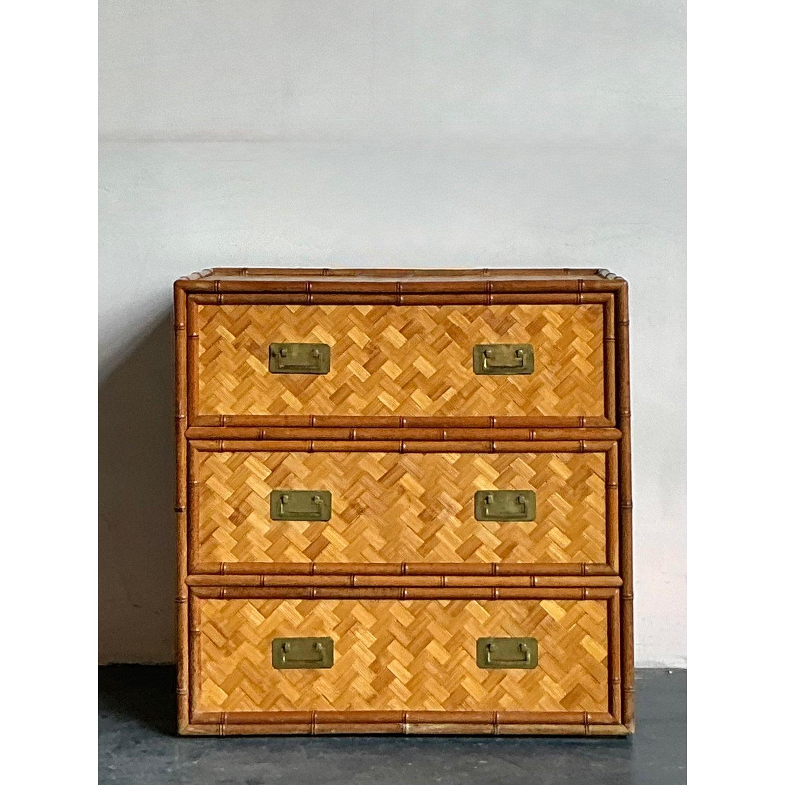 20th Century Vintage Boho Parquet Rattan Chest of Drawers For Sale