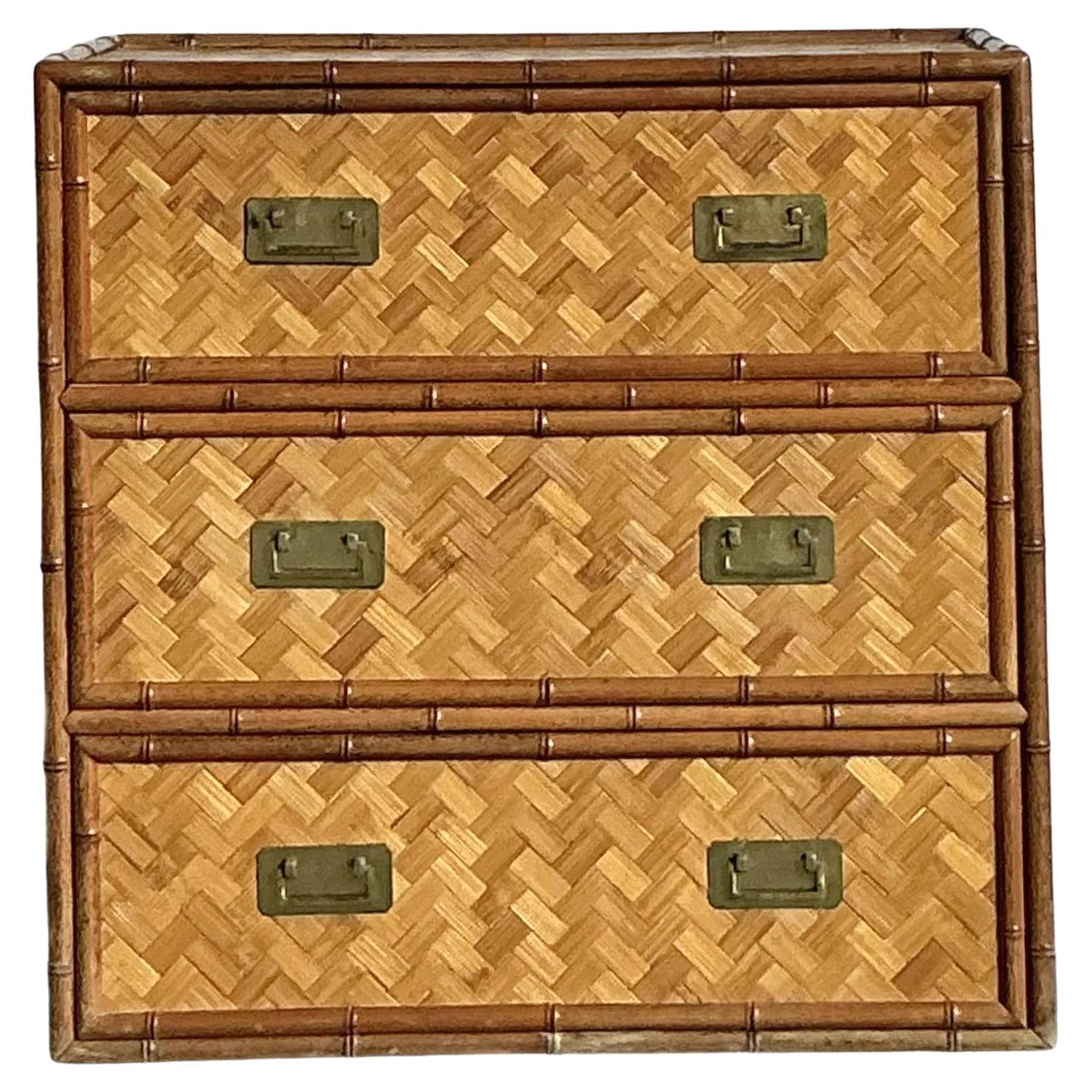 Vintage Boho Parquet Rattan Chest of Drawers