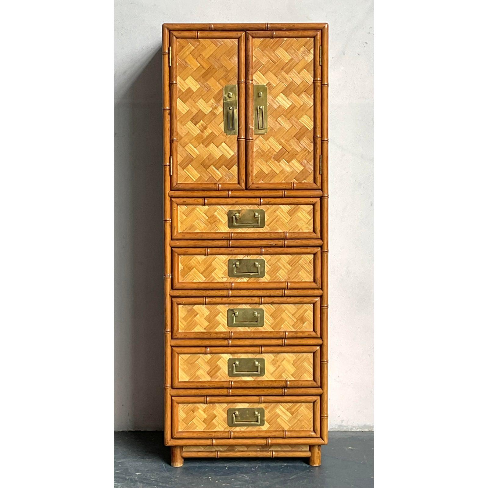Chinoiserie Vintage Boho Parquet Rattan Gentleman’s Chest For Sale