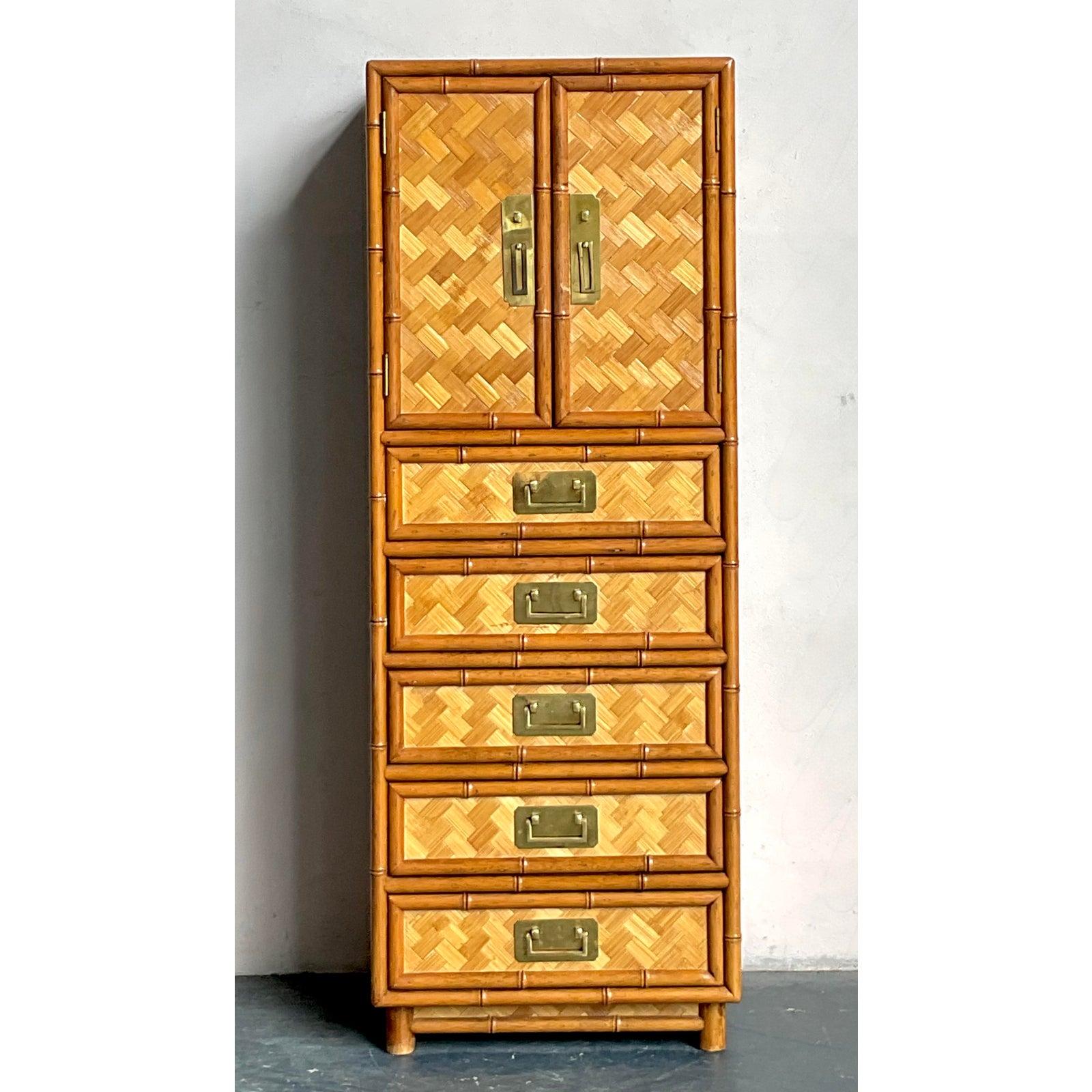 Philippine Vintage Boho Parquet Rattan Gentleman’s Chest For Sale