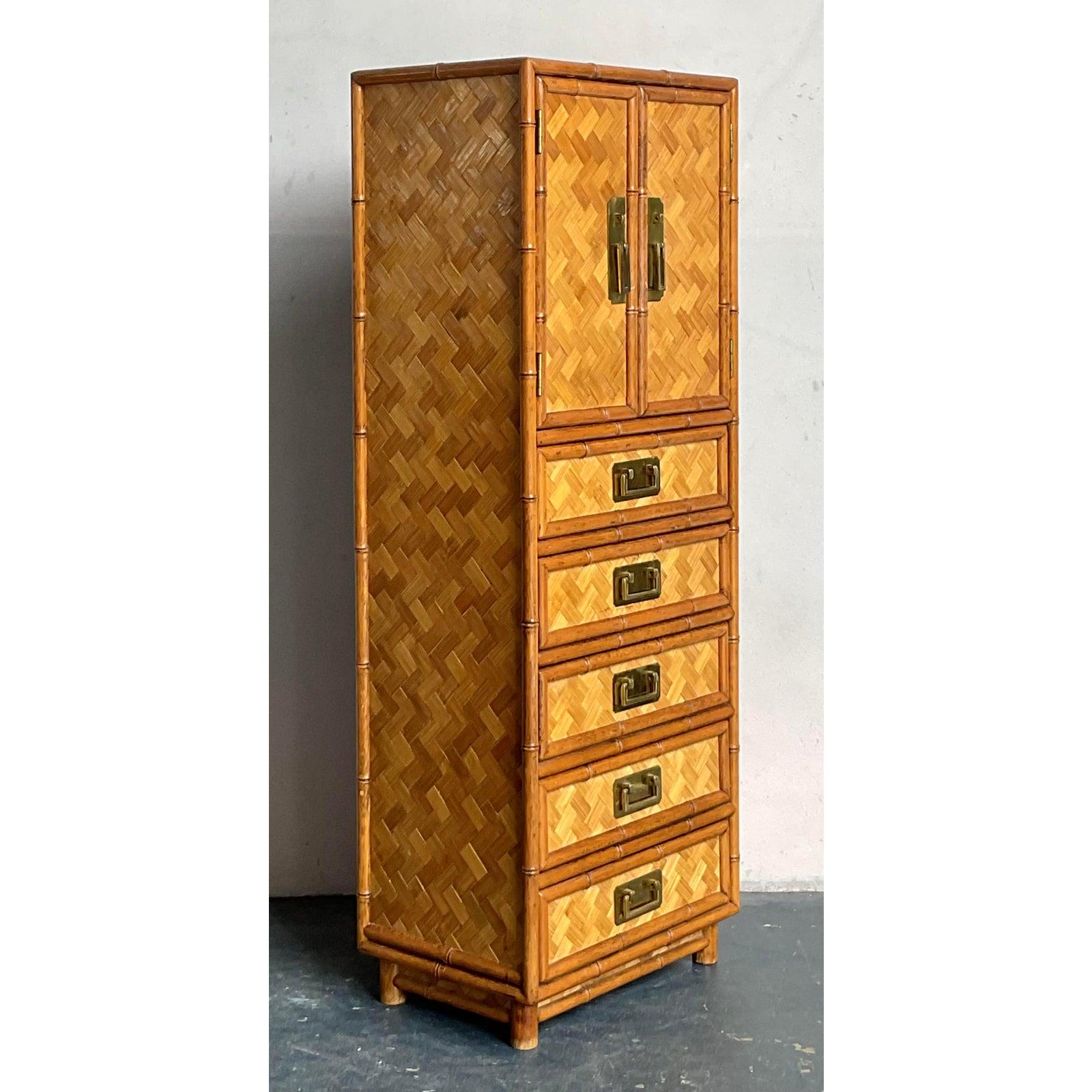 Vintage Boho Parquet Rattan Gentleman’s Chest In Good Condition For Sale In West Palm Beach, FL