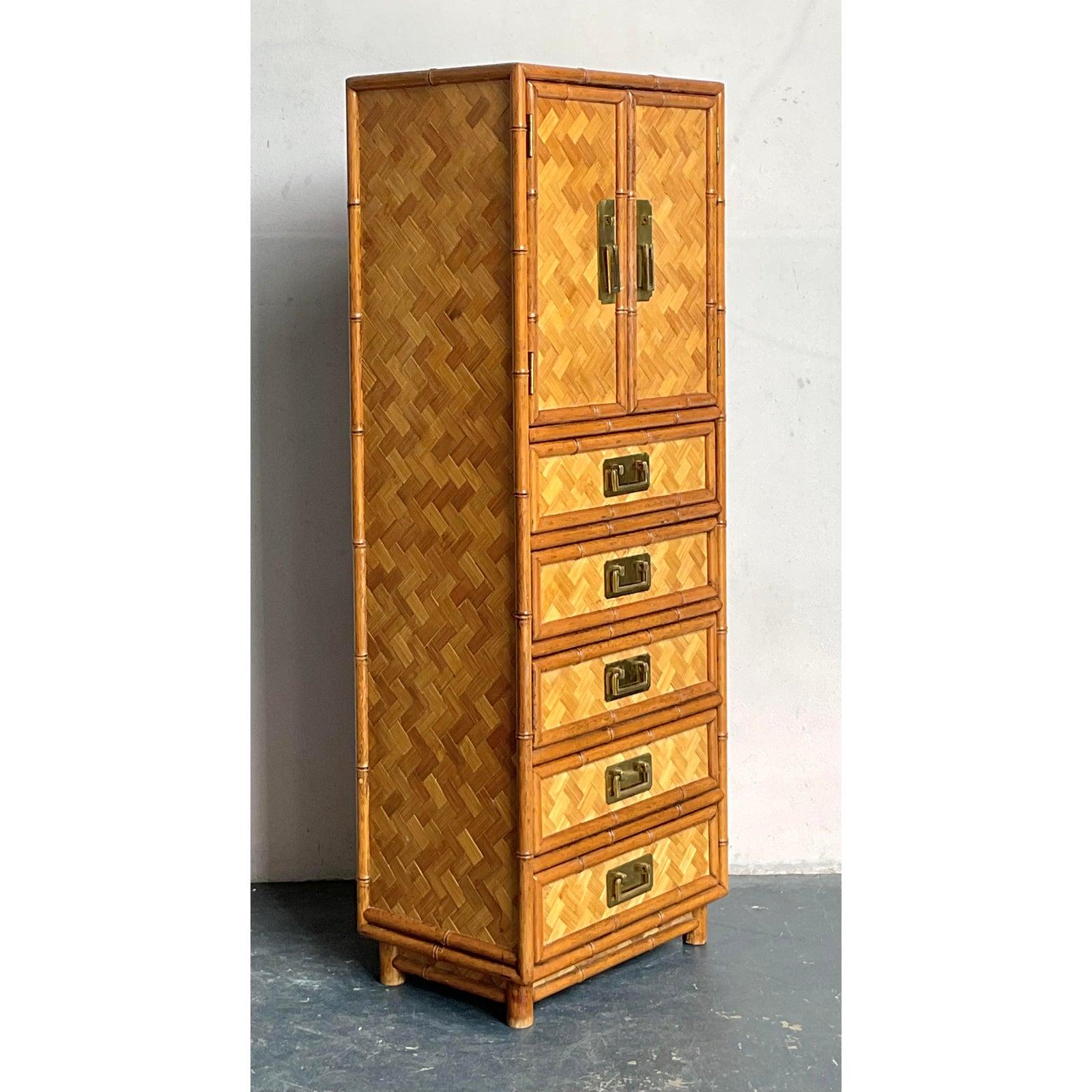 20th Century Vintage Boho Parquet Rattan Gentleman’s Chest For Sale