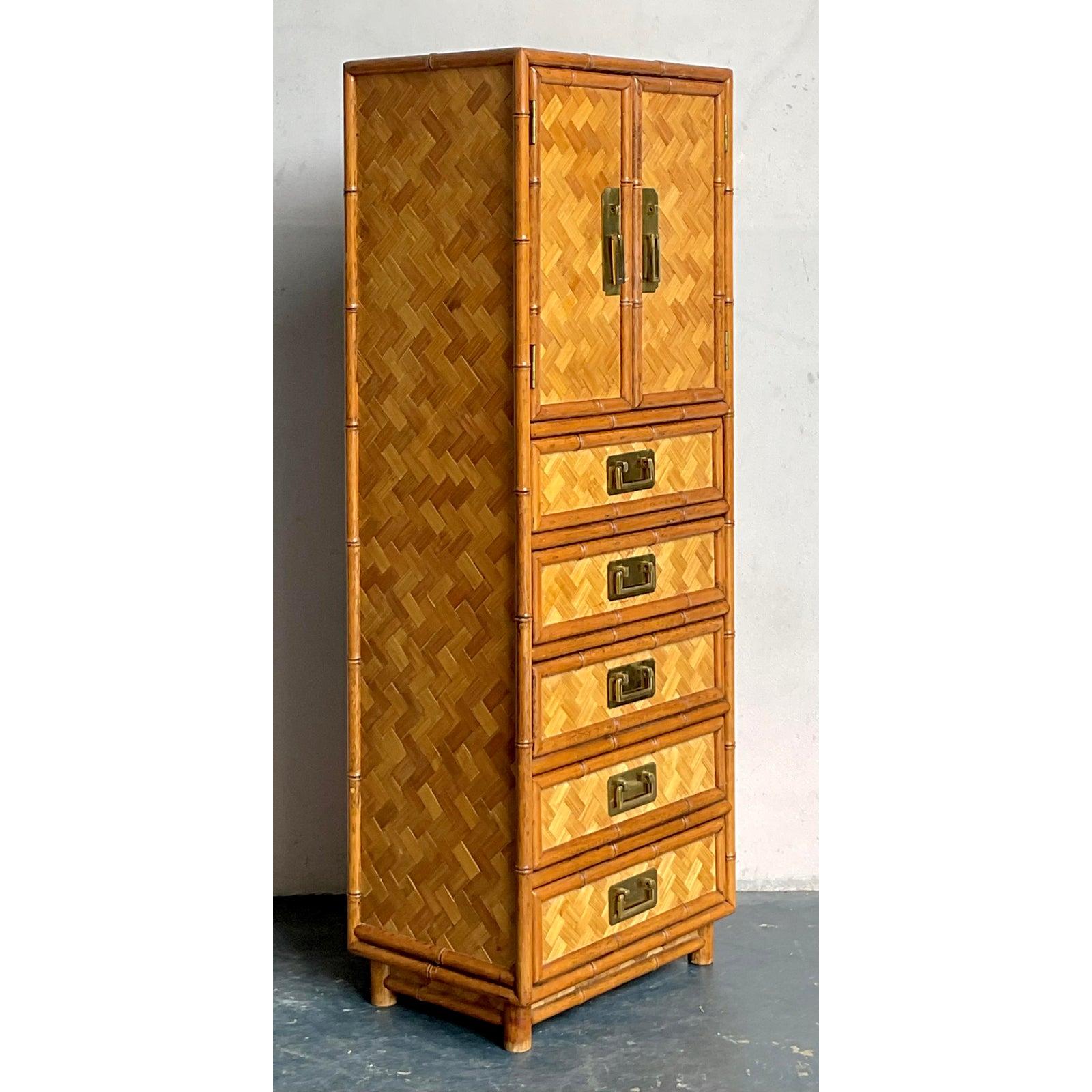 Brass Vintage Boho Parquet Rattan Gentleman’s Chest For Sale