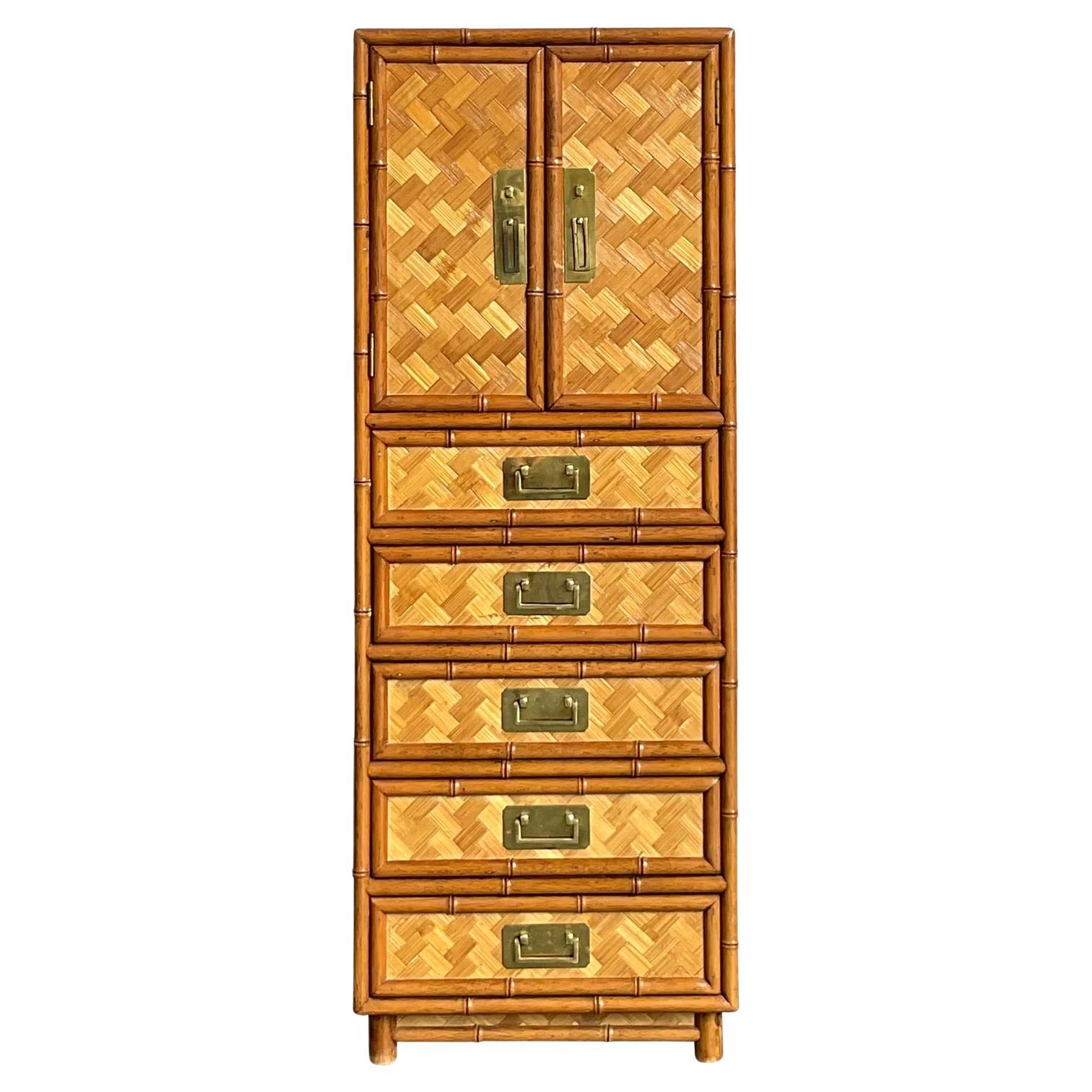 Vintage Boho Parquet Rattan Gentleman’s Chest