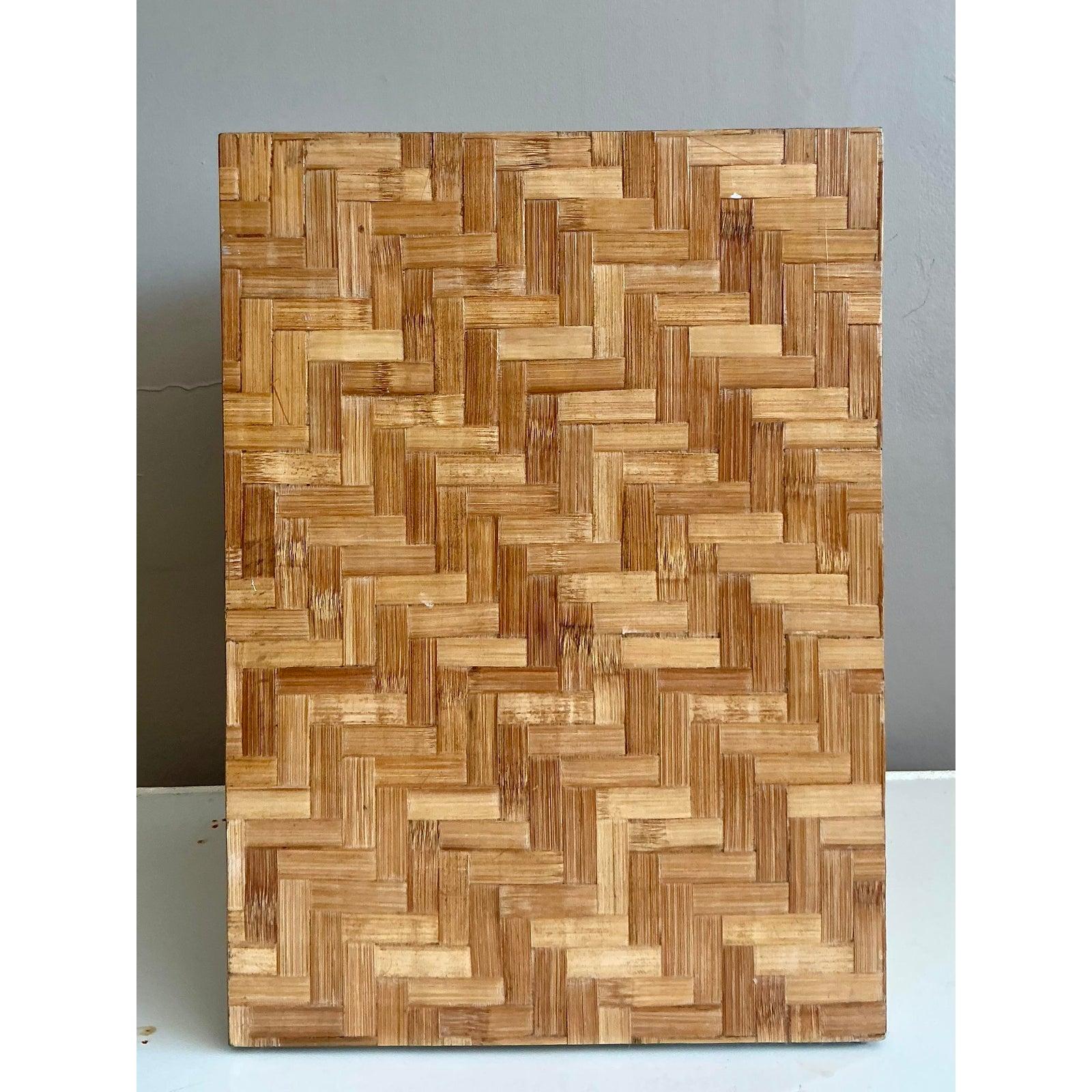 Mid-Century Modern Vintage Boho Parquet Rattan Pedestal For Sale