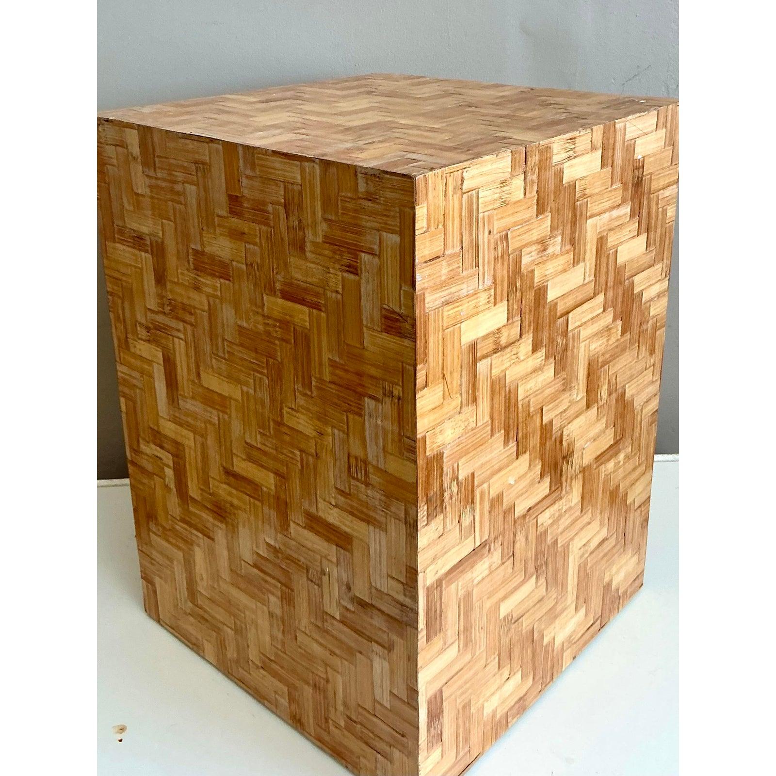 Philippine Vintage Boho Parquet Rattan Pedestal For Sale