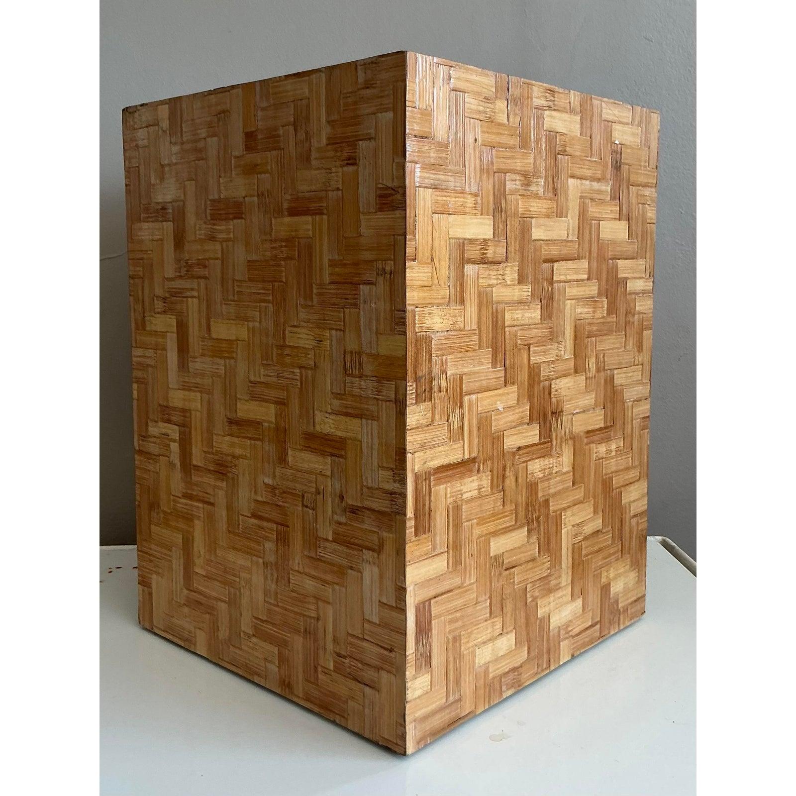 Vintage Boho Parquet Rattan Pedestal In Good Condition For Sale In West Palm Beach, FL