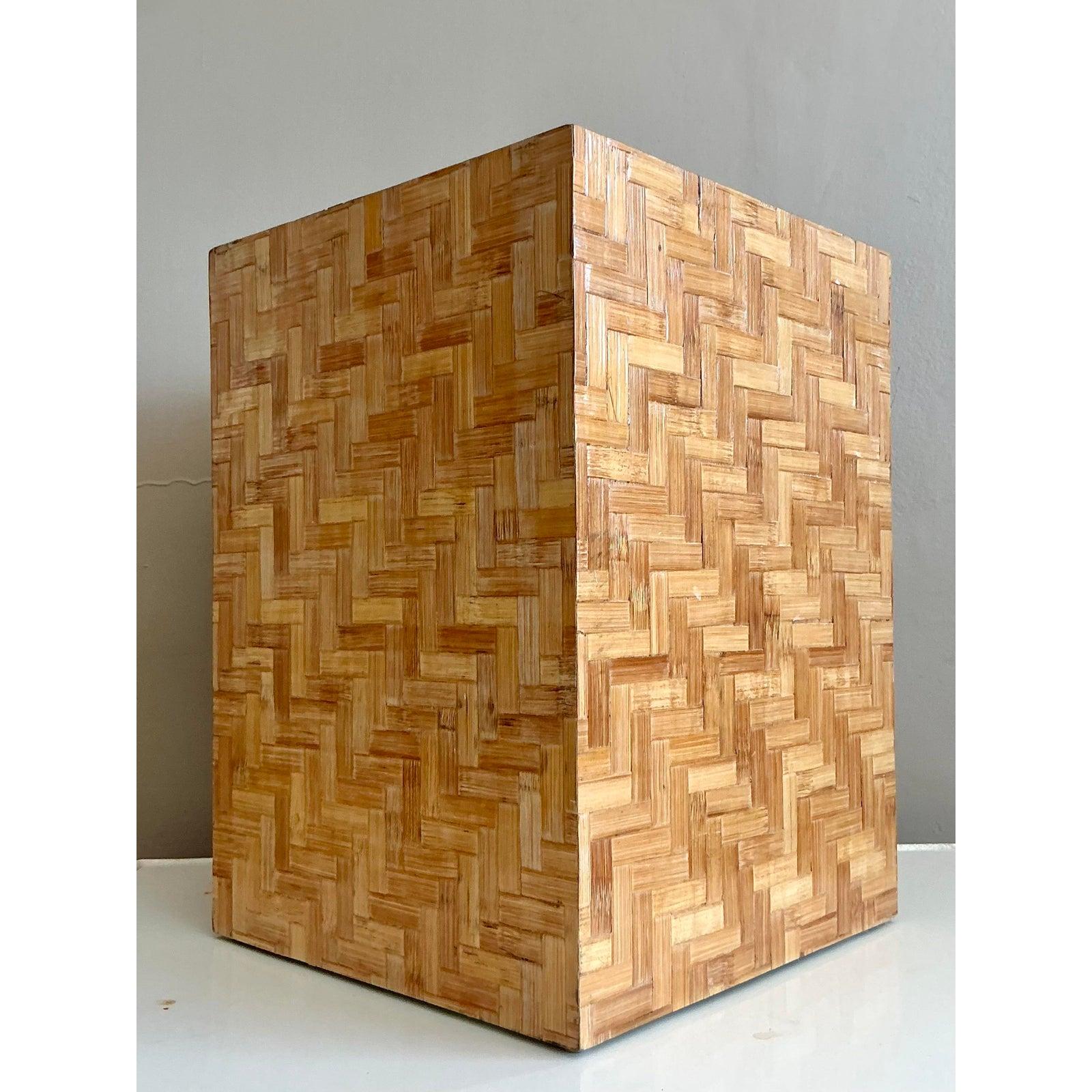 20th Century Vintage Boho Parquet Rattan Pedestal For Sale