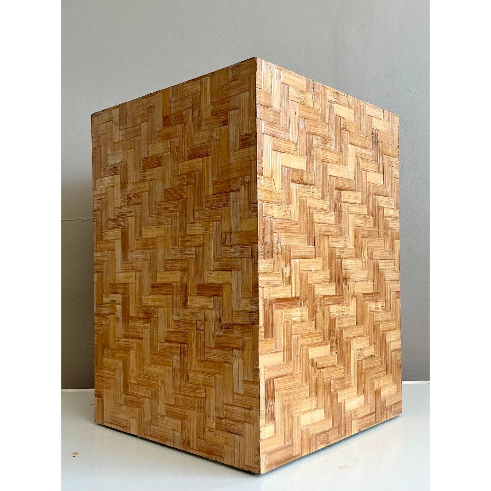 Bamboo Vintage Boho Parquet Rattan Pedestal For Sale