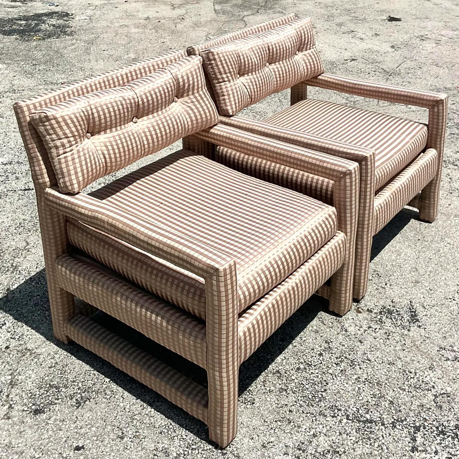 Vintage Boho Parsons Style Chairs After Milo Baughman, a Pair In Good Condition In west palm beach, FL