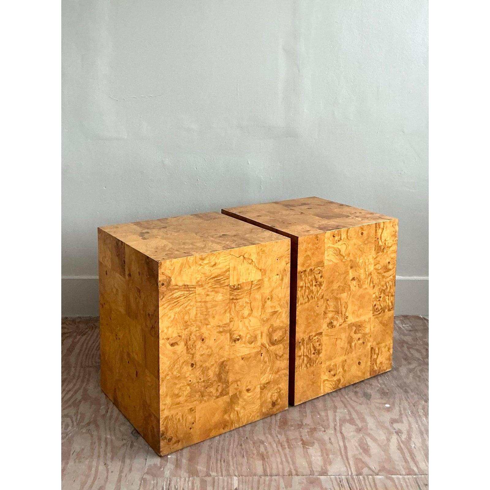 Burl Vintage Boho Patchwork Pedestals - A Pair For Sale