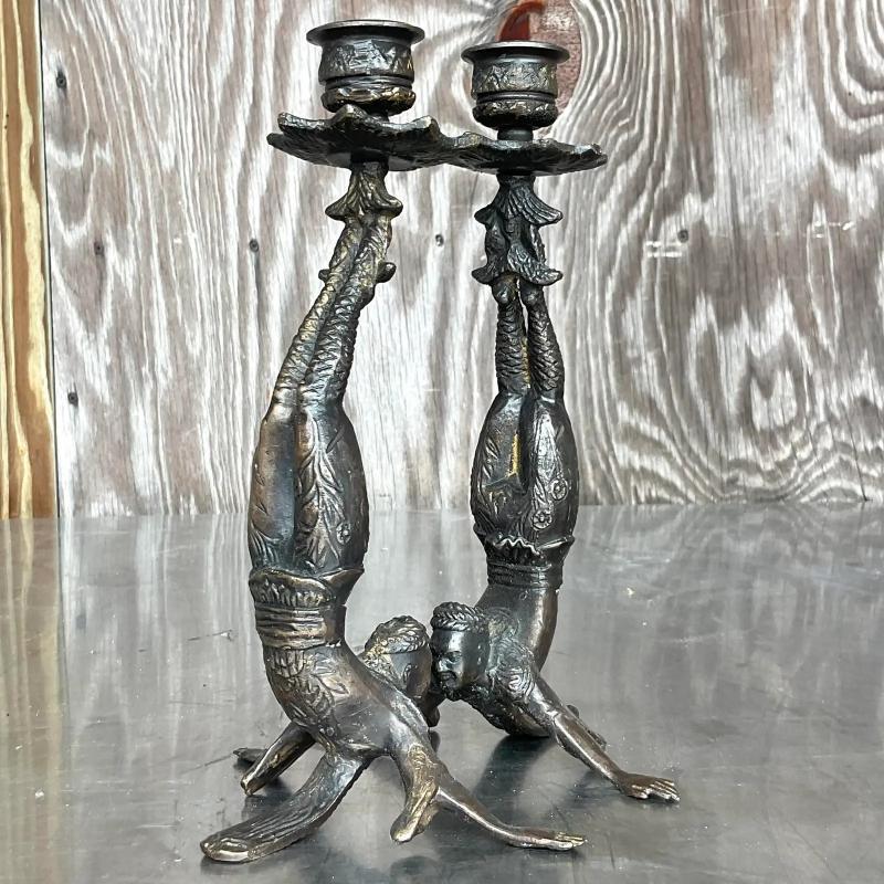 American Vintage Boho Patinated Acrobat Candlesticks - a Pair For Sale