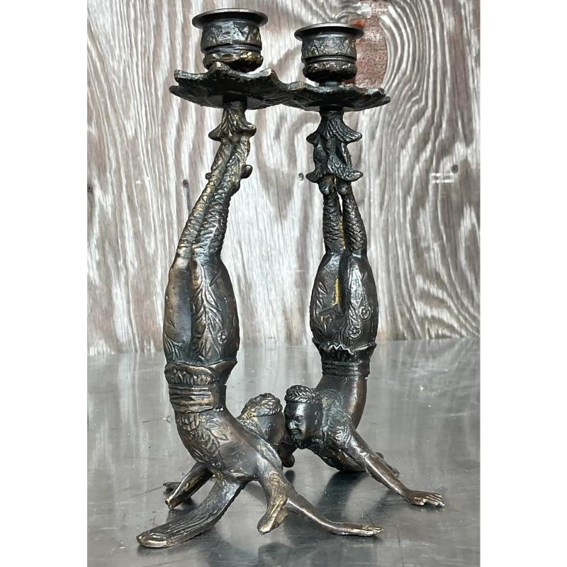 Vintage Boho Patinated Acrobat Candlesticks - a Pair In Good Condition For Sale In west palm beach, FL