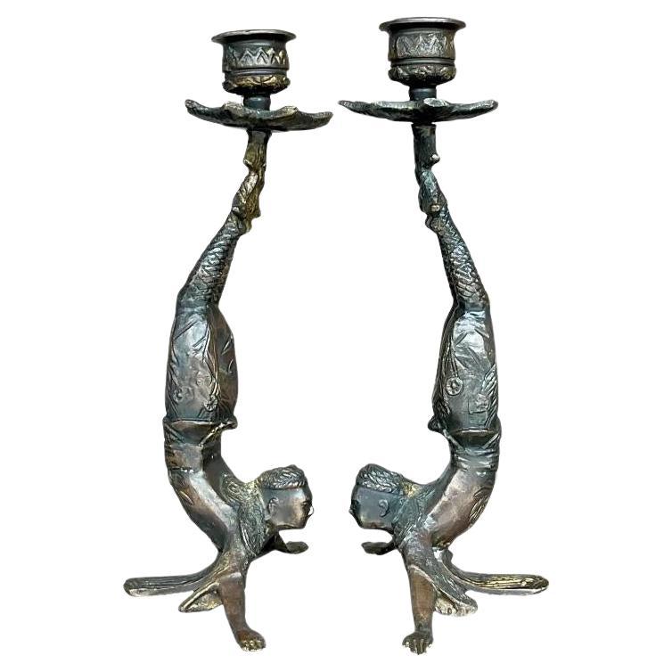 Vintage Boho Patinated Acrobat Candlesticks - a Pair For Sale