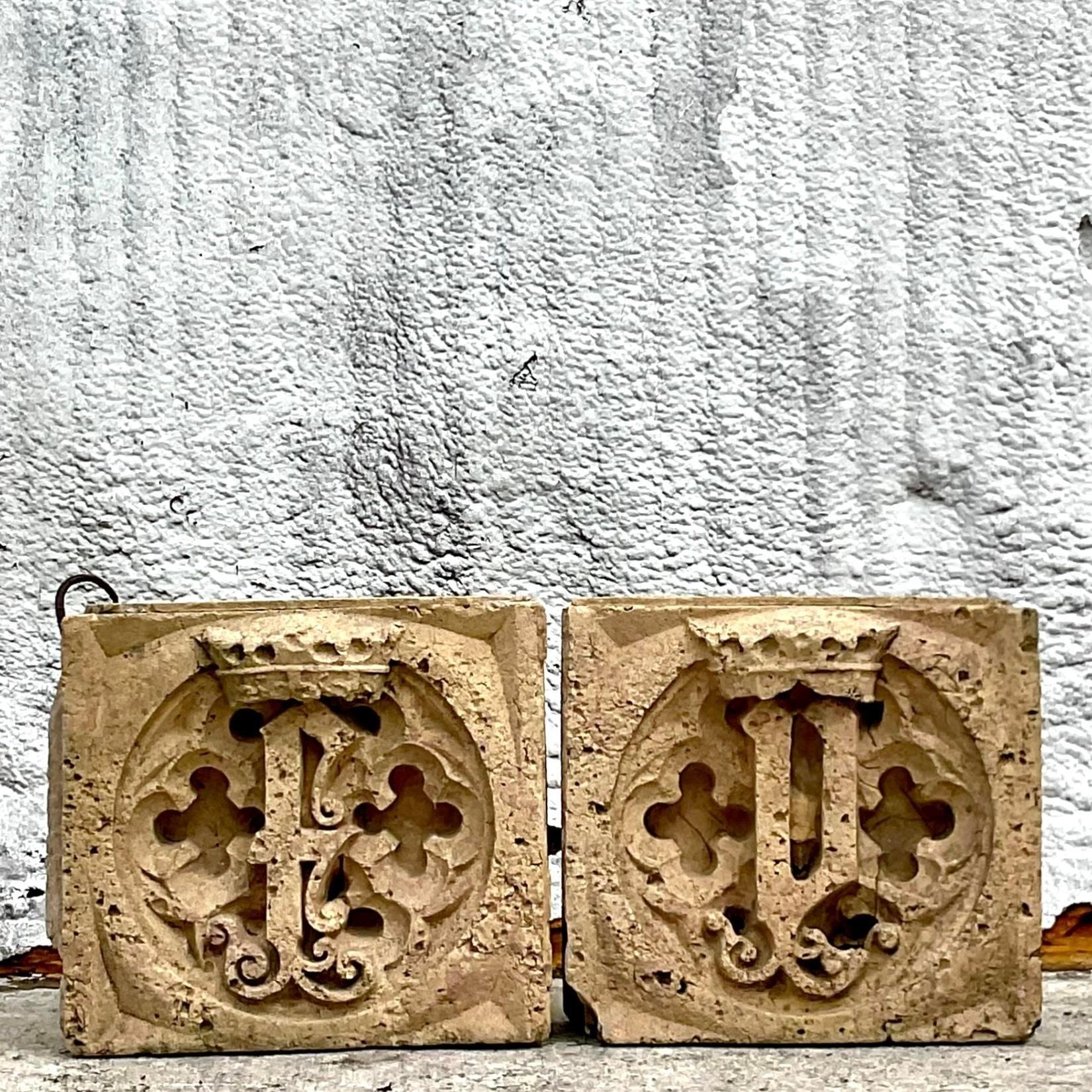 A captivating pair of American-style vintage Boho patinated architectural elements, each exuding rustic charm and timeless allure. These pieces combine Bohemian artistry with architectural history, ideal for adding character and intrigue to any