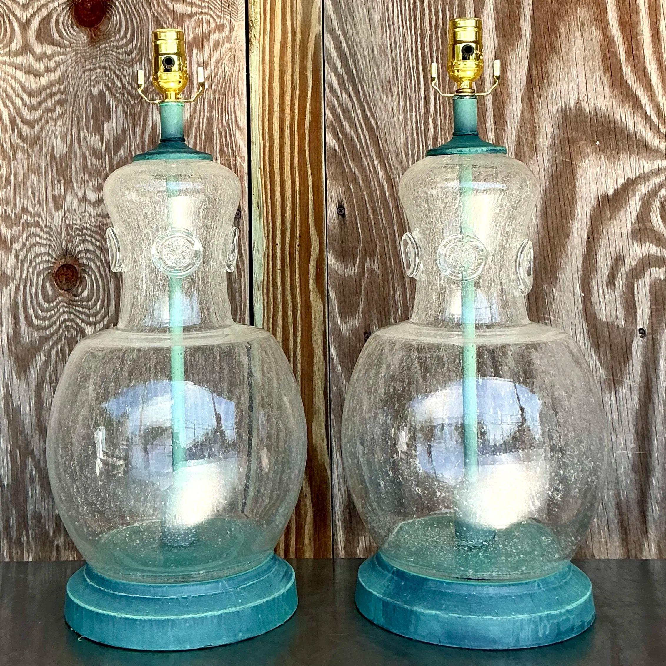 Métal Paire de lampes Boho en verre soufflé patiné en vente