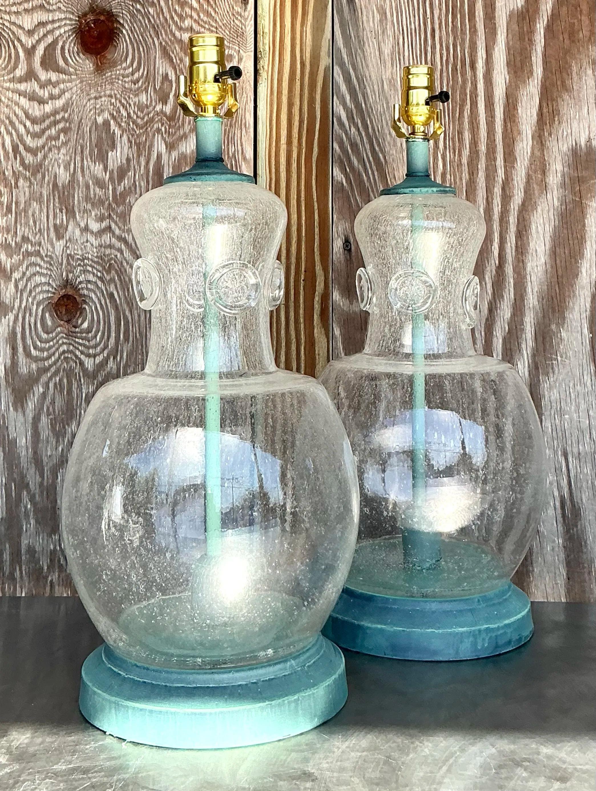 Paire de lampes Boho en verre soufflé patiné en vente 1