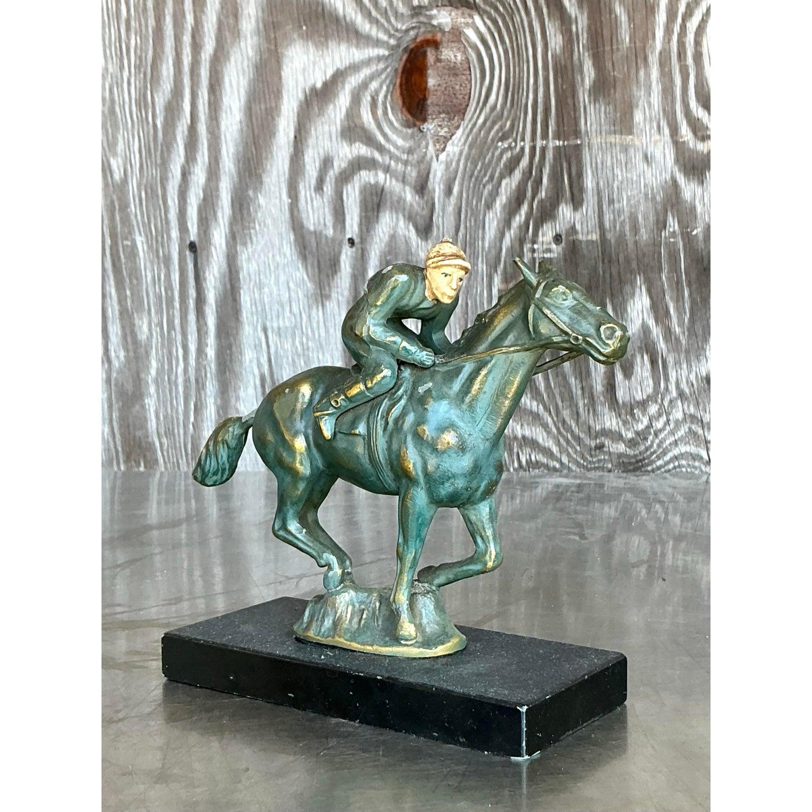 Ottone Cavallo e cavaliere in ottone patinato vintage Boho in vendita