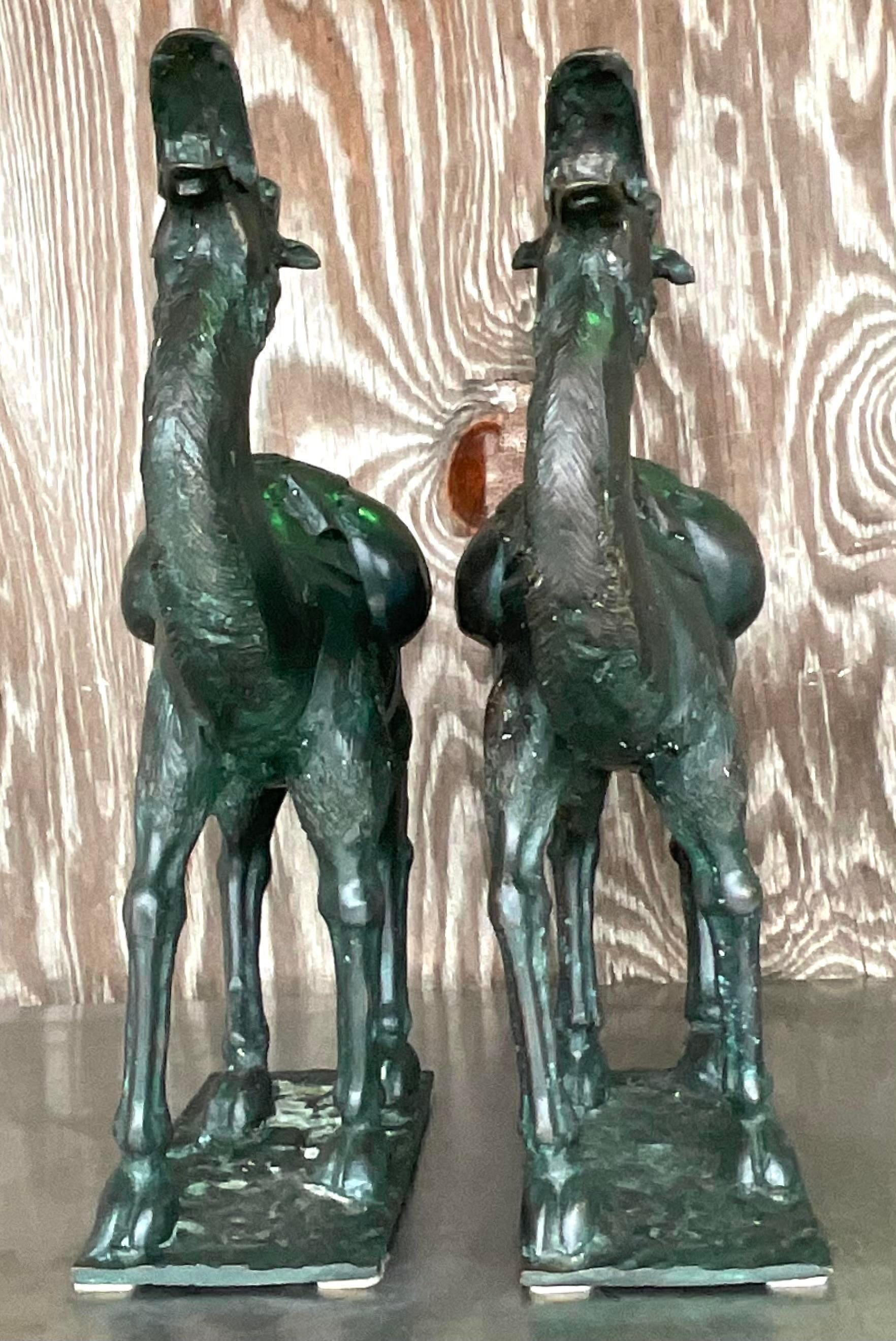 Vintage Boho Patinated Bronze Camels - a Pair In Good Condition For Sale In west palm beach, FL