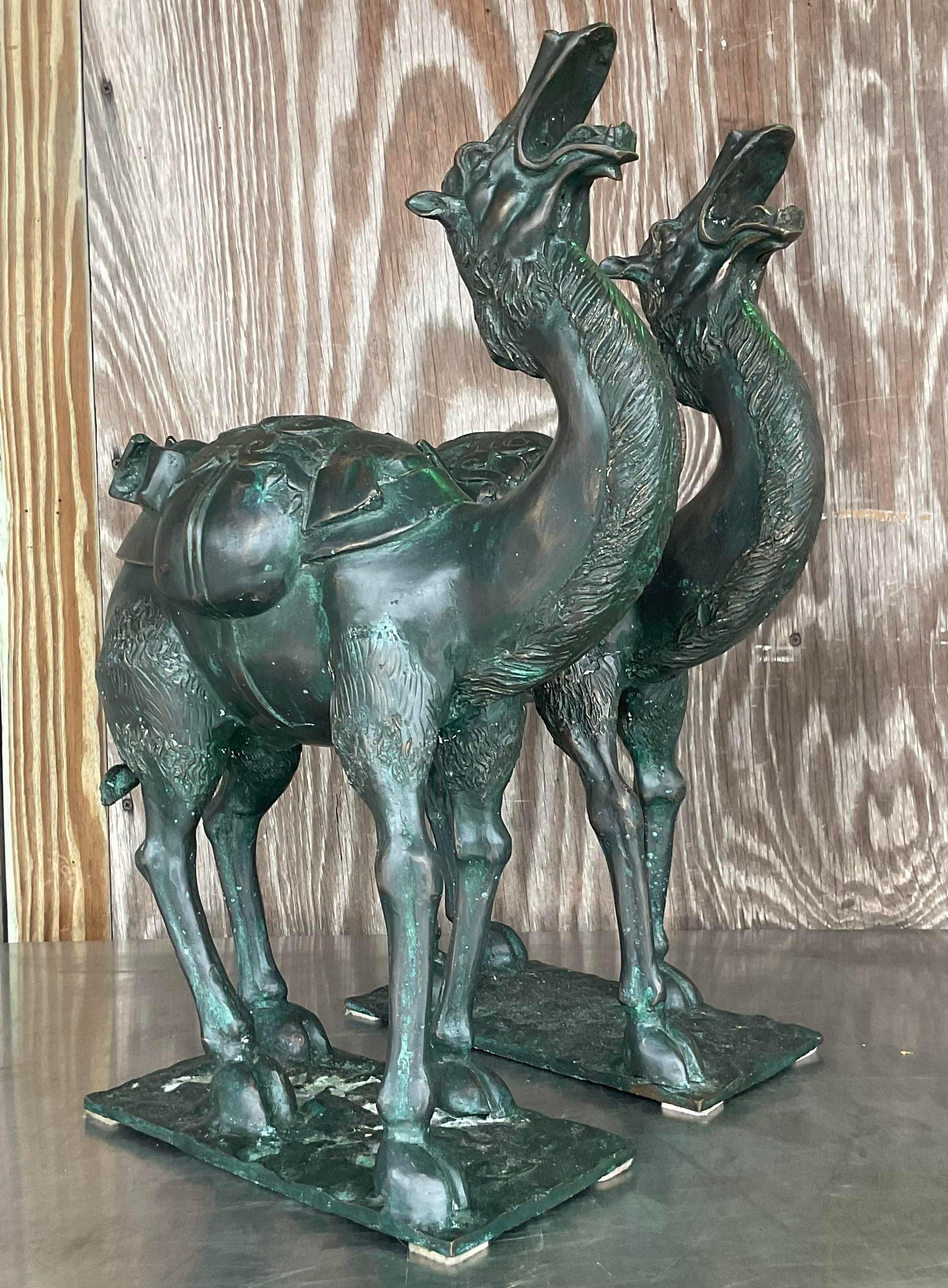 20th Century Vintage Boho Patinated Bronze Camels - a Pair For Sale