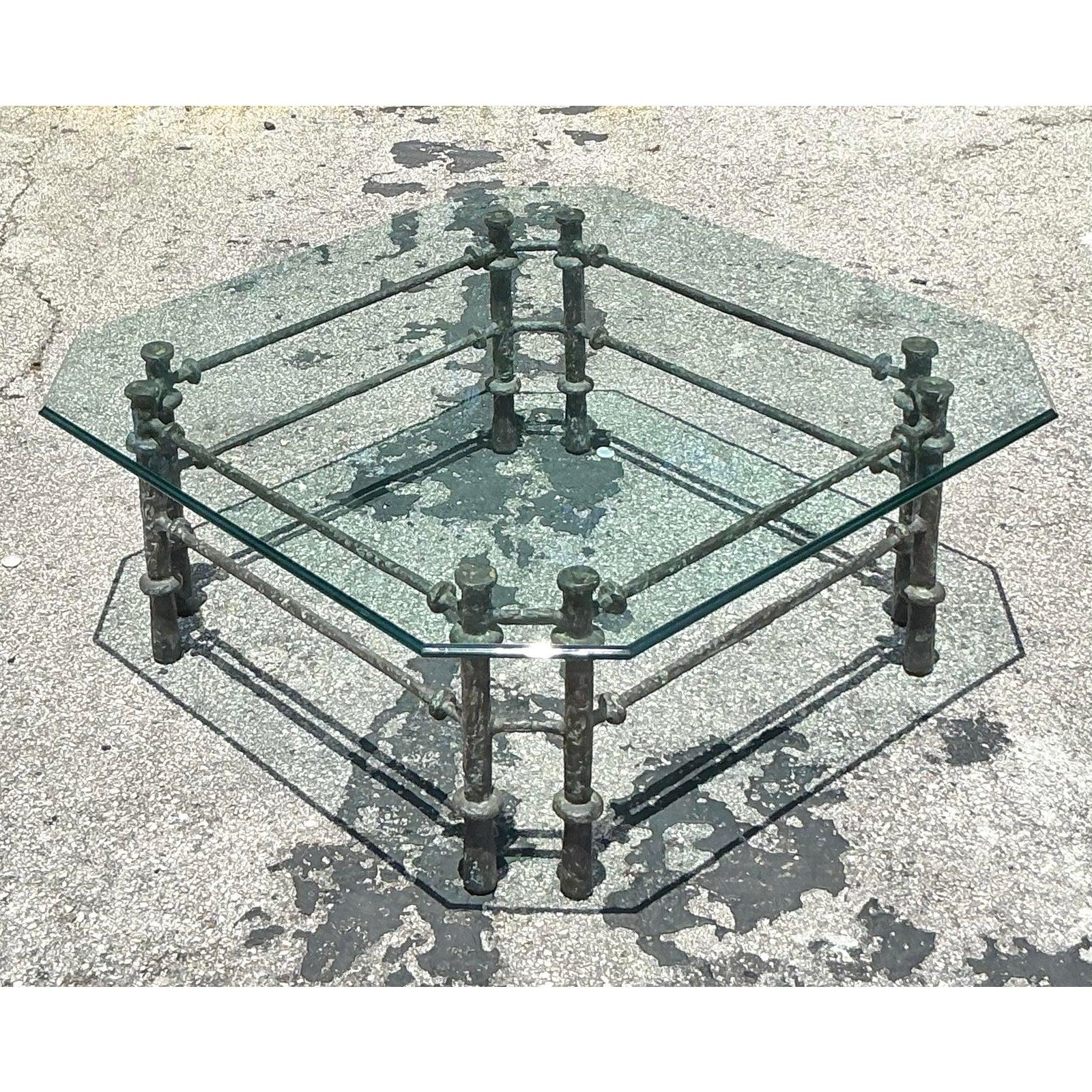 Hollywood Regency Vintage Boho Patinated Bronze Coffee Table After Giacometti For Sale