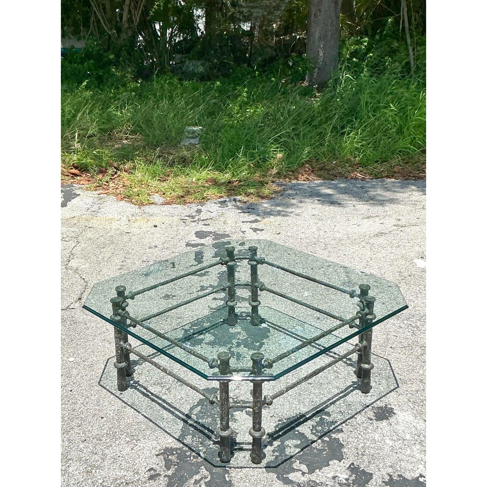 American Vintage Boho Patinated Bronze Coffee Table After Giacometti For Sale