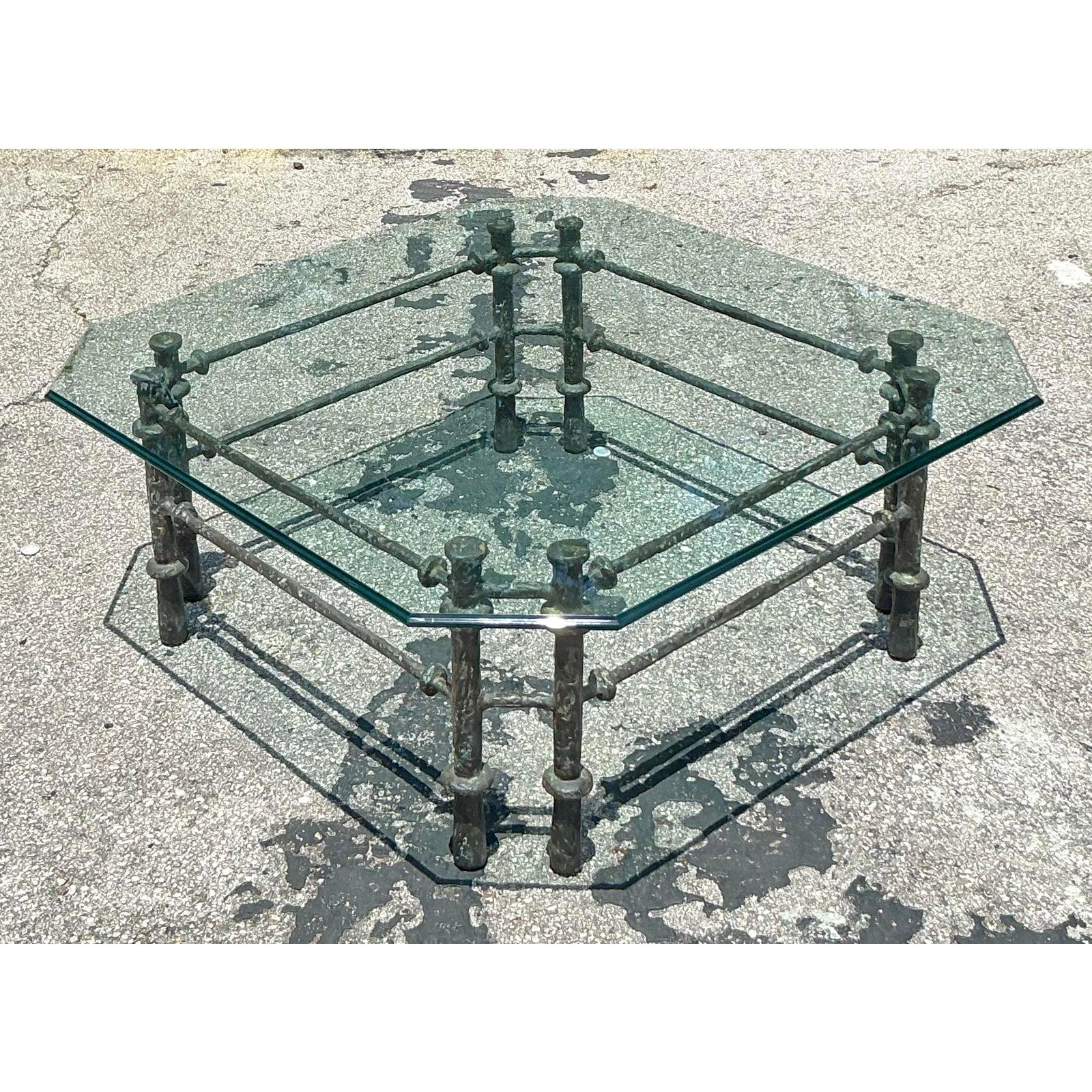 Vintage Boho Patinated Bronze Coffee Table After Giacometti For Sale 1