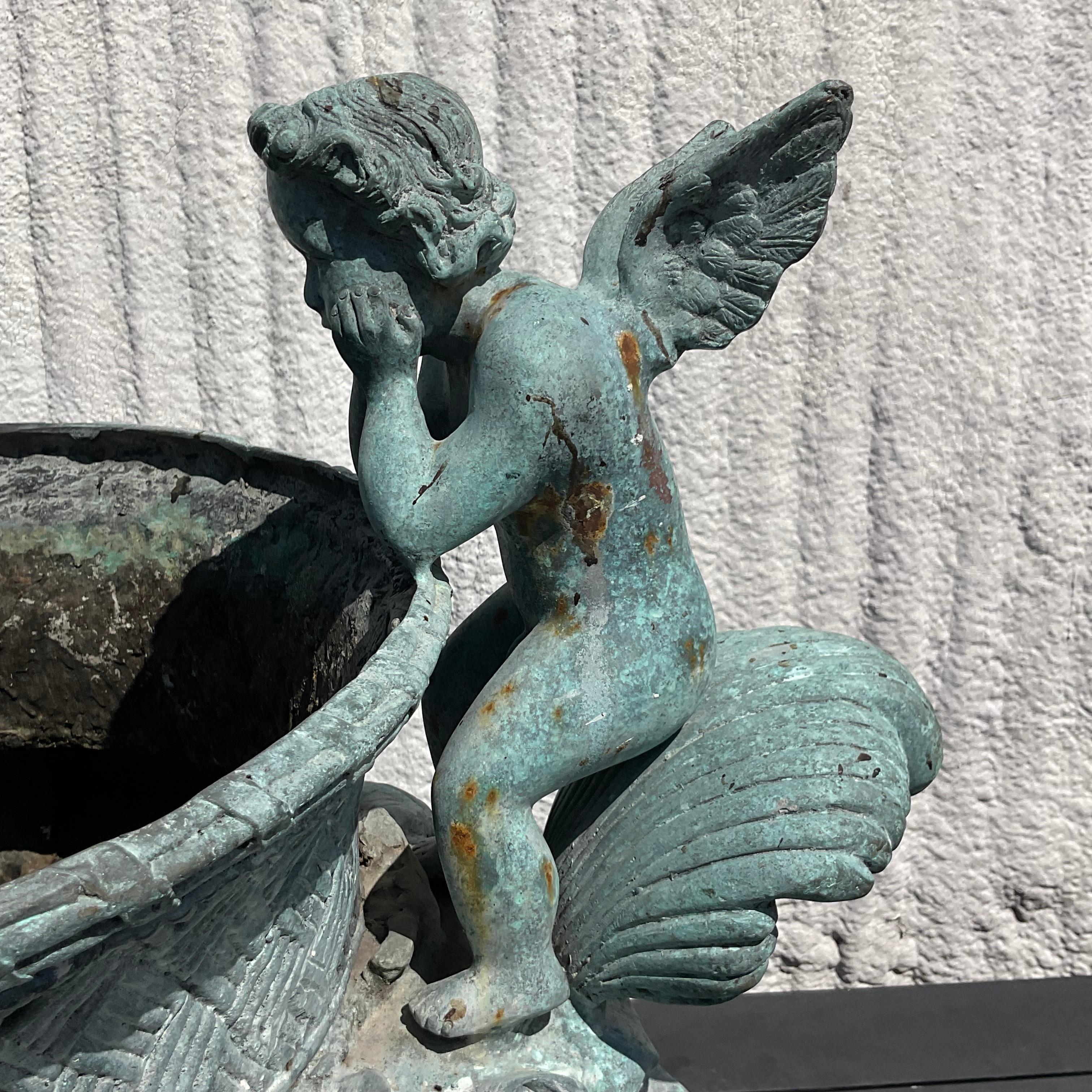 Vintage Boho Patinated Bronze Double Cherub Planter In Good Condition For Sale In west palm beach, FL
