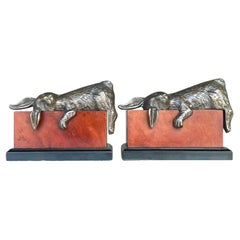 Vintage Boho Patinated Bronze Rabbits on Leather Blocks Bookends - Set of Two
