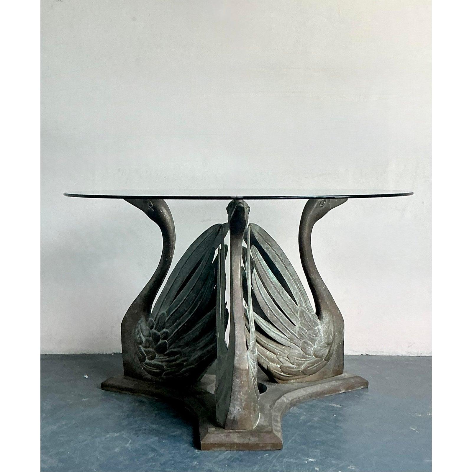American Vintage Boho Patinated Bronze Swans Table Pedestal For Sale