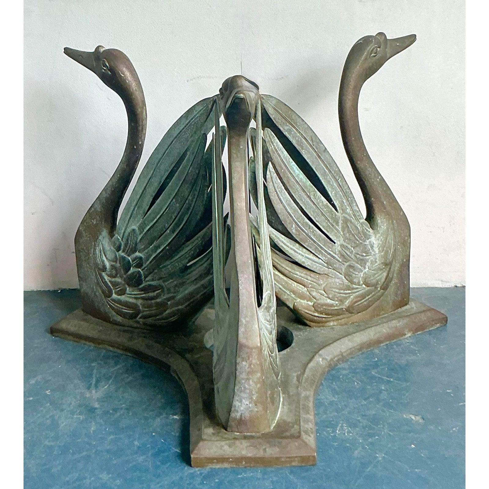 20th Century Vintage Boho Patinated Bronze Swans Table Pedestal For Sale
