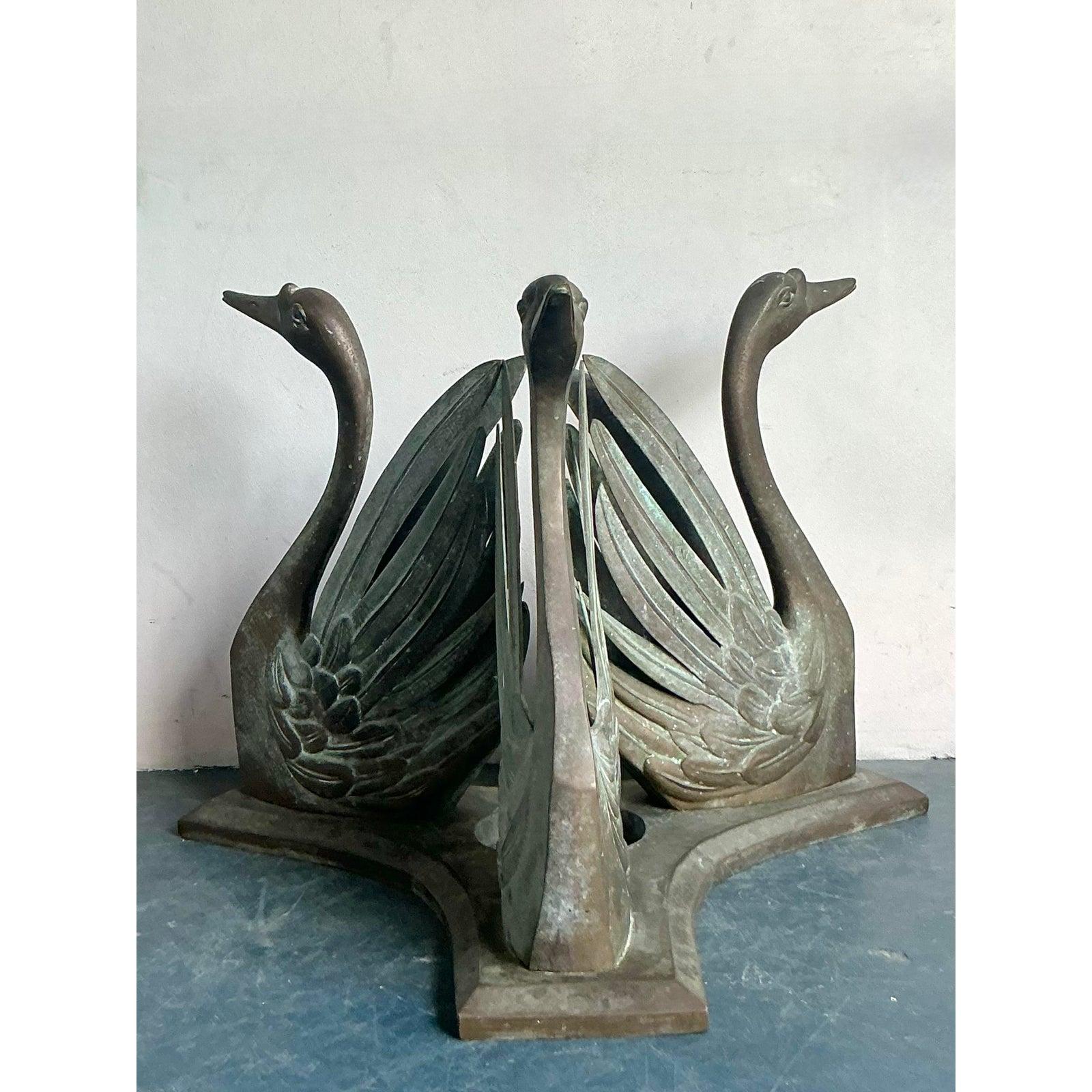 Vintage Boho Patinated Bronze Swans Table Pedestal For Sale 3