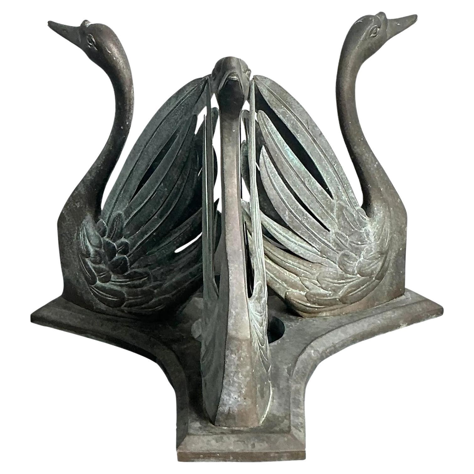 Vintage Boho Patinated Bronze Swans Table Pedestal