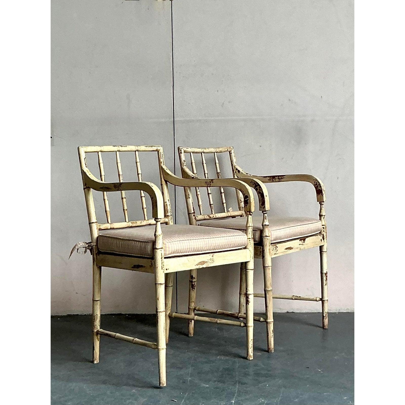 Chinoiserie Vintage Boho Patinated Cane Arm Chairs - A Pair For Sale