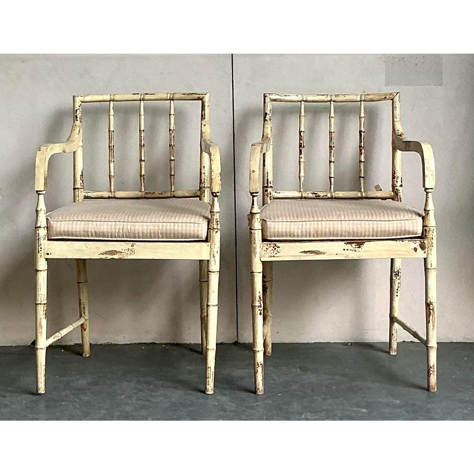 American Vintage Boho Patinated Cane Arm Chairs - A Pair For Sale