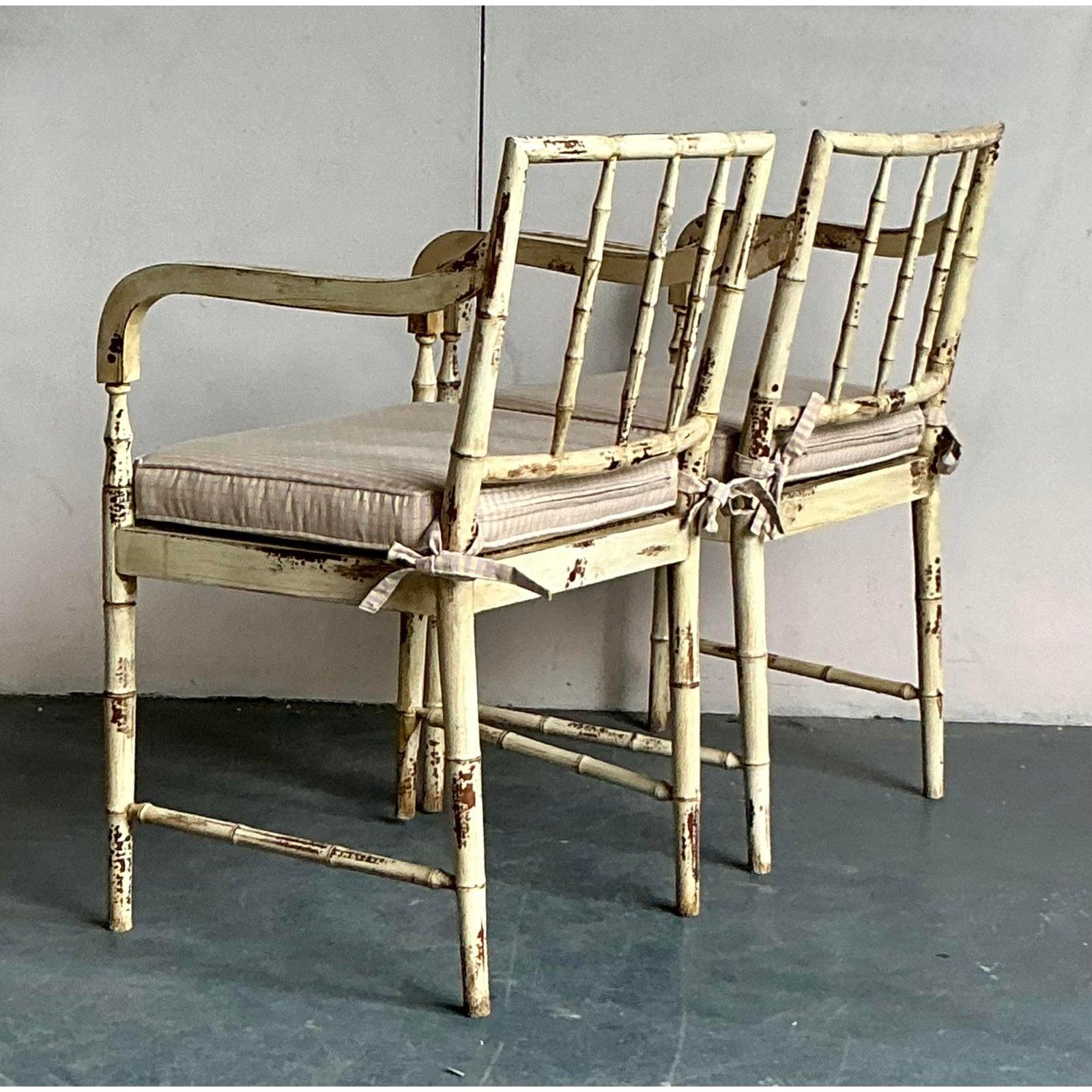 Vintage Boho Patinated Cane Arm Chairs - A Pair In Good Condition For Sale In West Palm Beach, FL