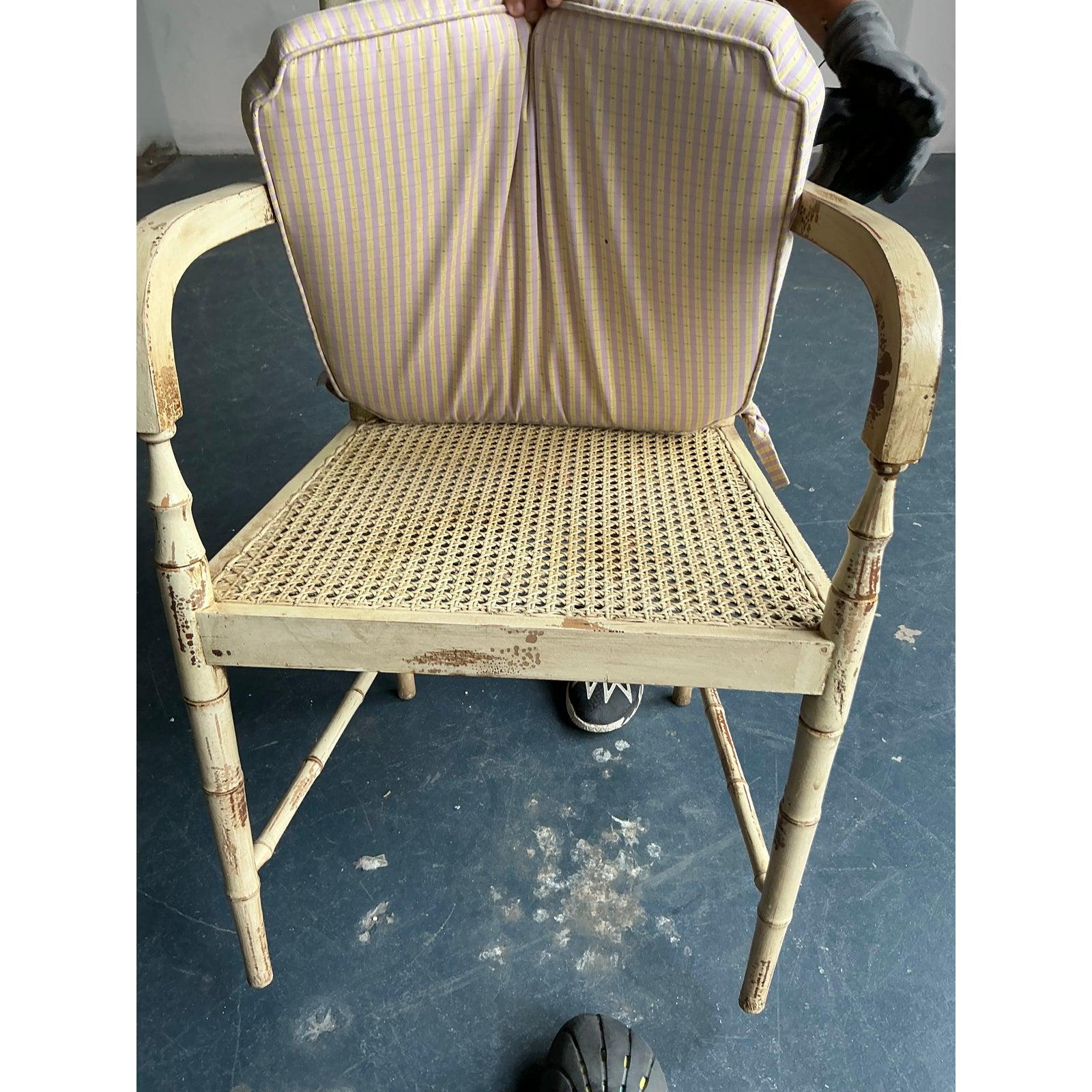 Fabric Vintage Boho Patinated Cane Arm Chairs - A Pair For Sale