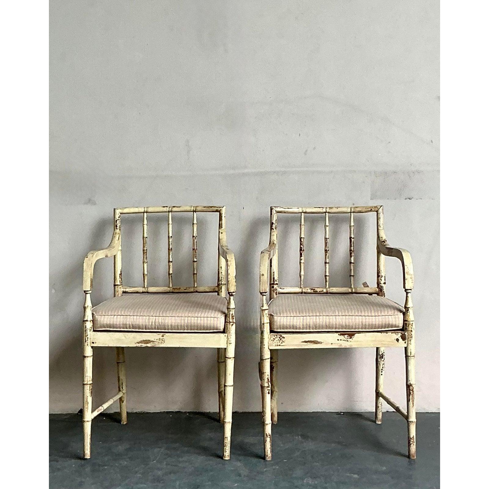 Vintage Boho Patinated Cane Arm Chairs - A Pair For Sale 1