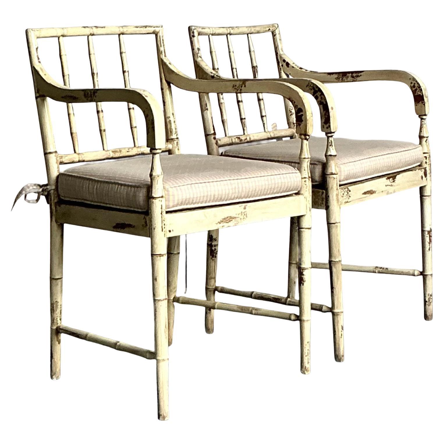 Vintage Boho Patinated Cane Arm Chairs - A Pair For Sale