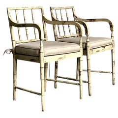 Vintage Boho Patinated Cane Arm Chairs - A Pair