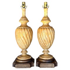Vintage Boho Patinated Carved Wood Lamps - a Pair