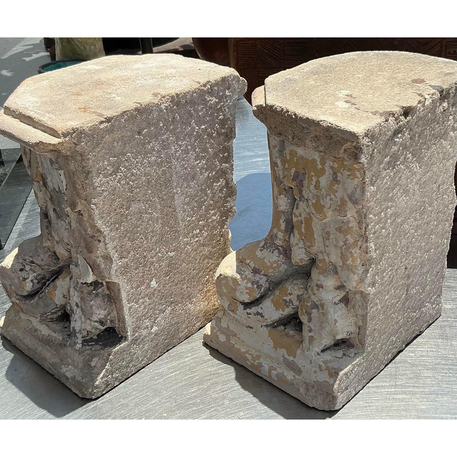 Vintage Boho Patinated Cast Concrete Column Fragments - A Pair For Sale 6