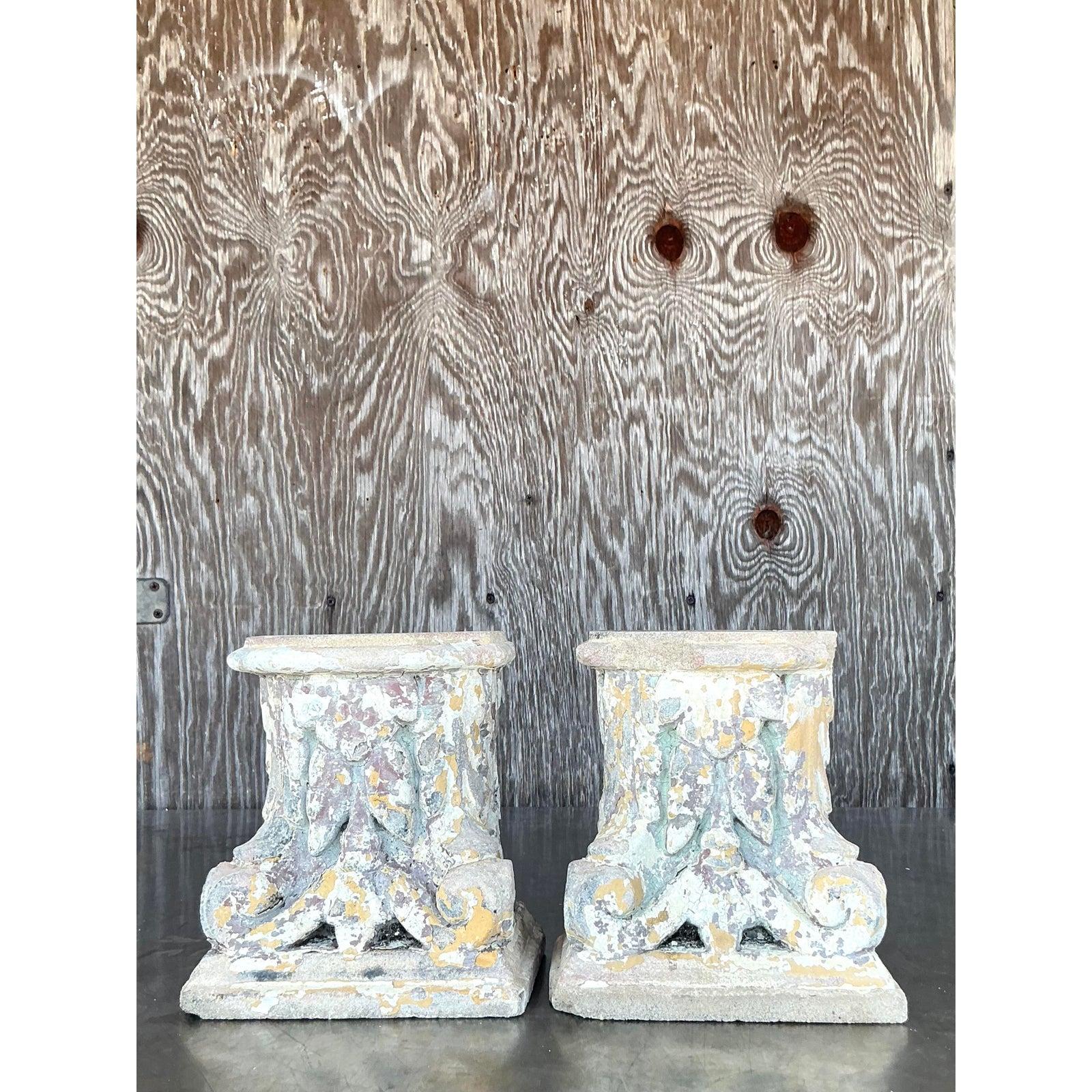 Neoclassical Vintage Boho Patinated Cast Concrete Column Fragments - A Pair For Sale