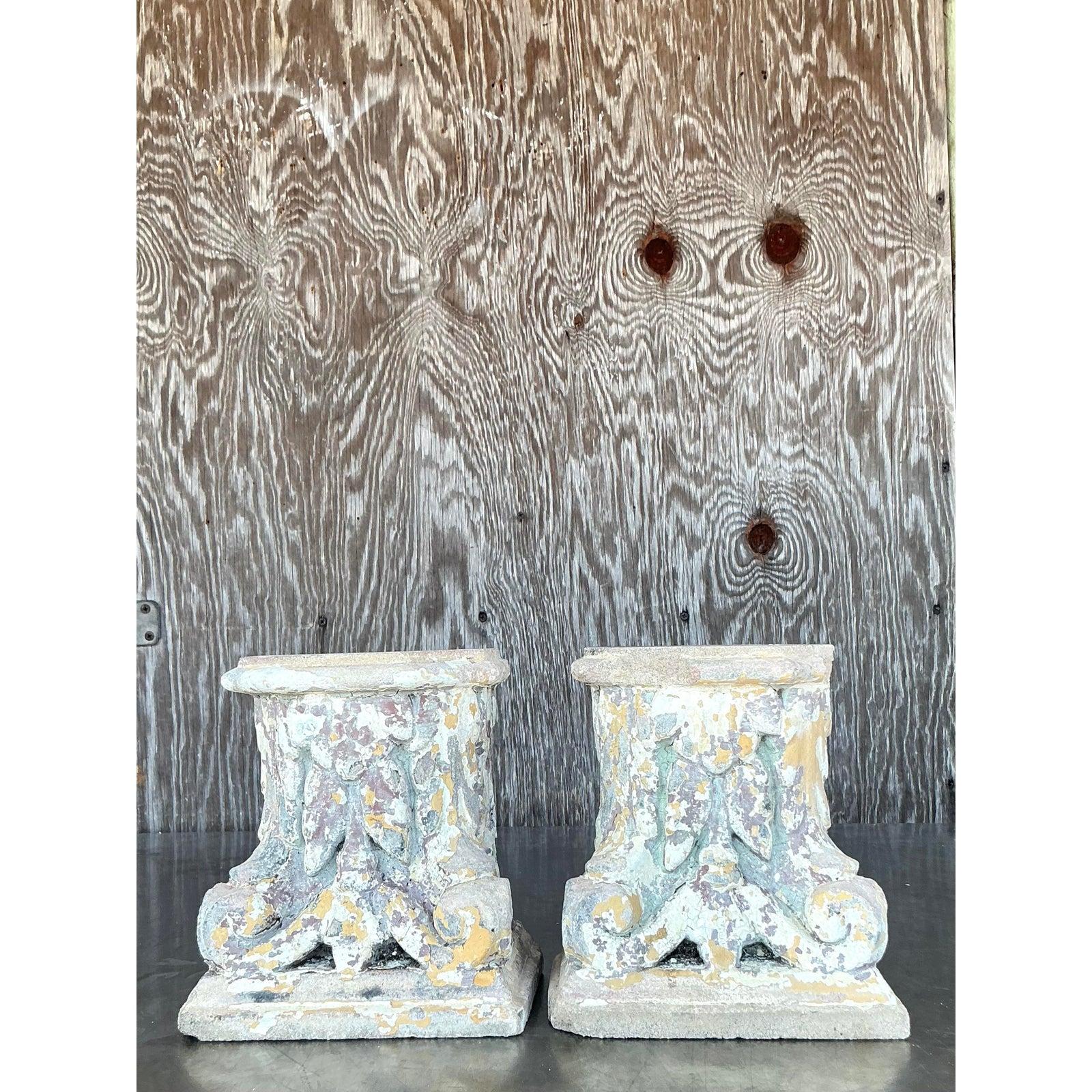 Vintage Boho Patinated Cast Concrete Column Fragments - A Pair In Good Condition For Sale In West Palm Beach, FL
