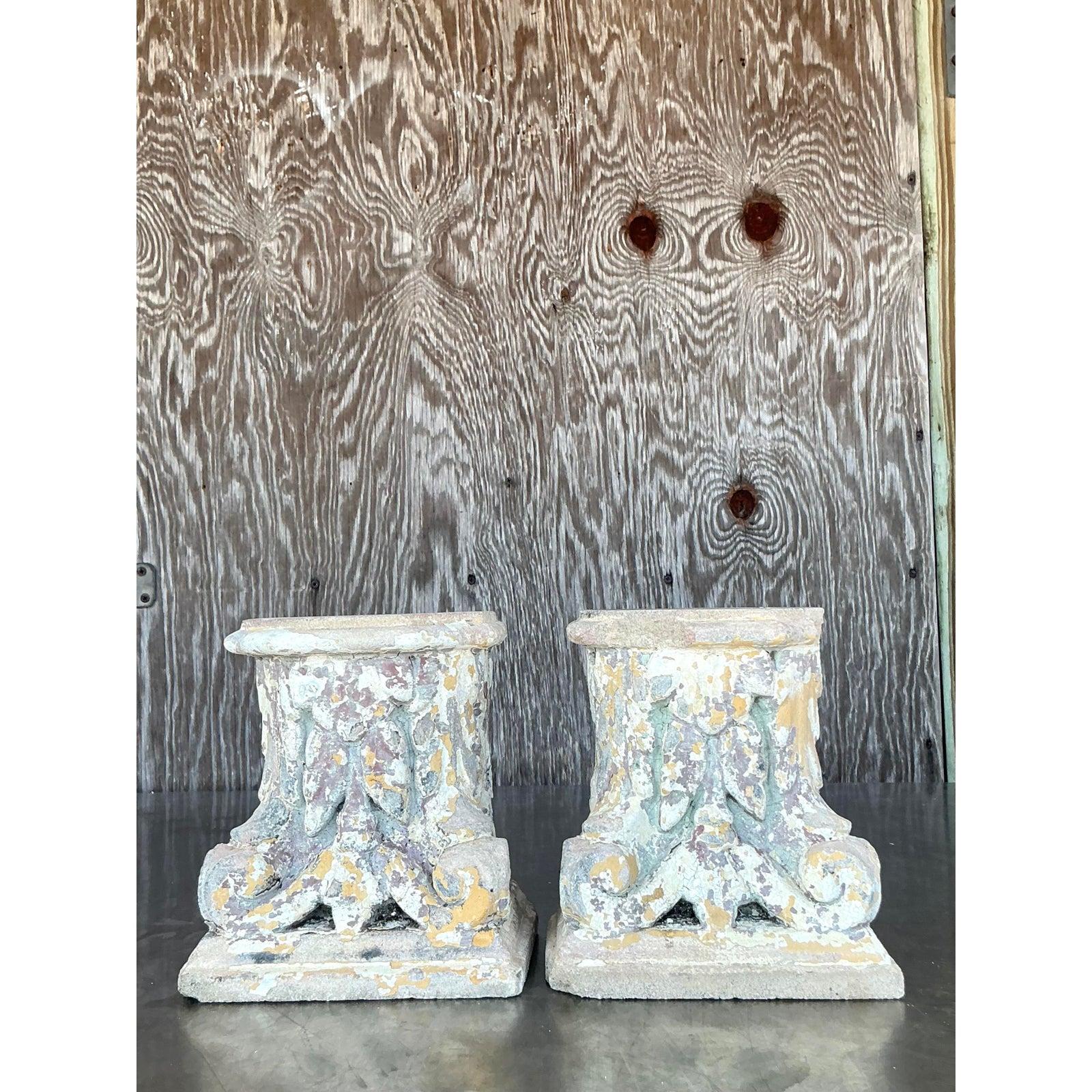 20th Century Vintage Boho Patinated Cast Concrete Column Fragments - A Pair For Sale