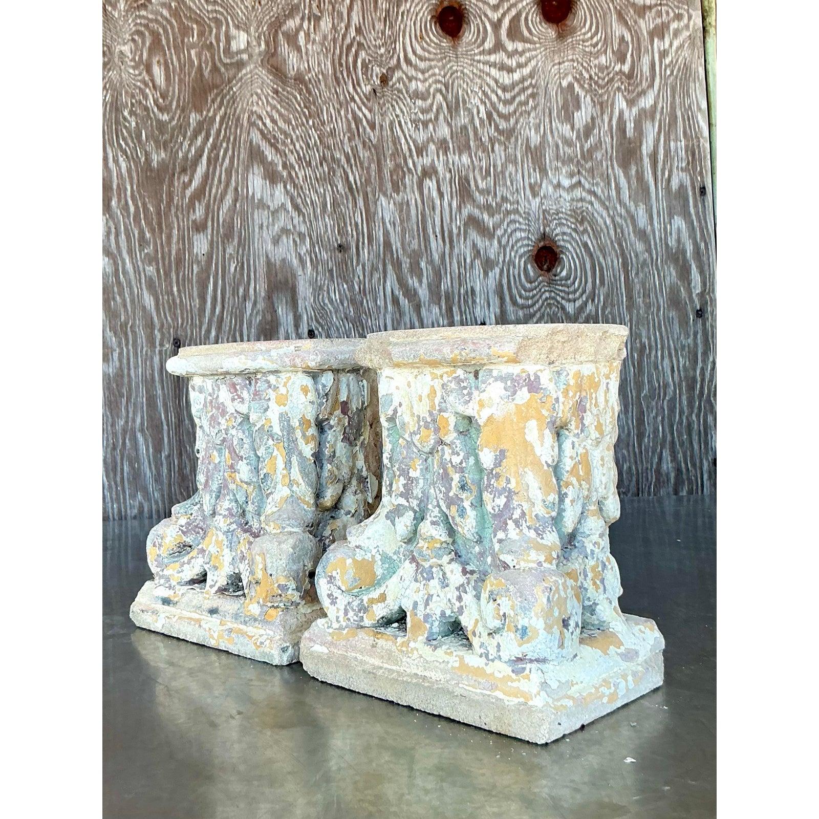 Vintage Boho Patinated Cast Concrete Column Fragments - A Pair For Sale 1