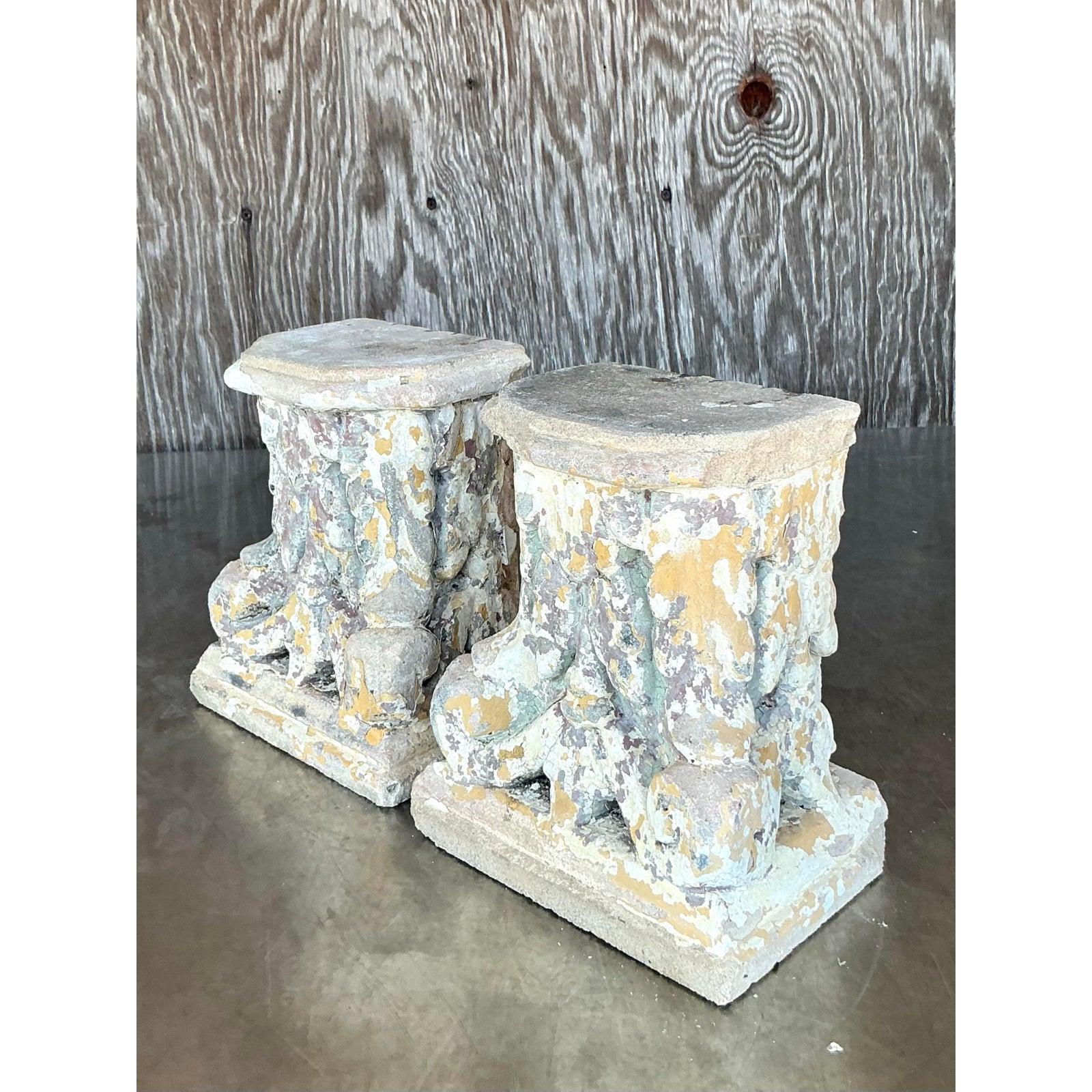Vintage Boho Patinated Cast Concrete Column Fragments - A Pair For Sale 2