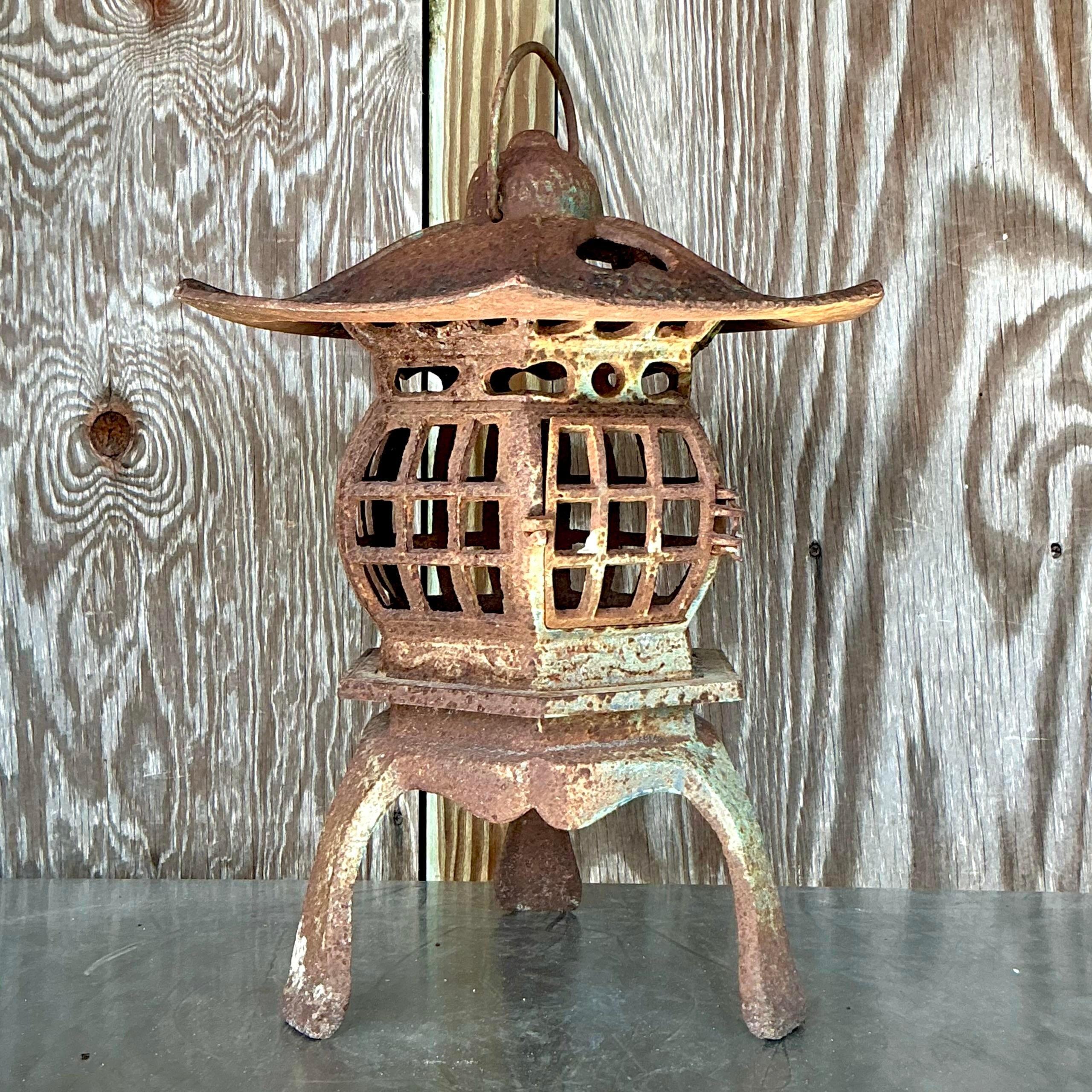 American Vintage Boho Patinated Cast Iron Pagoda Lantern For Sale