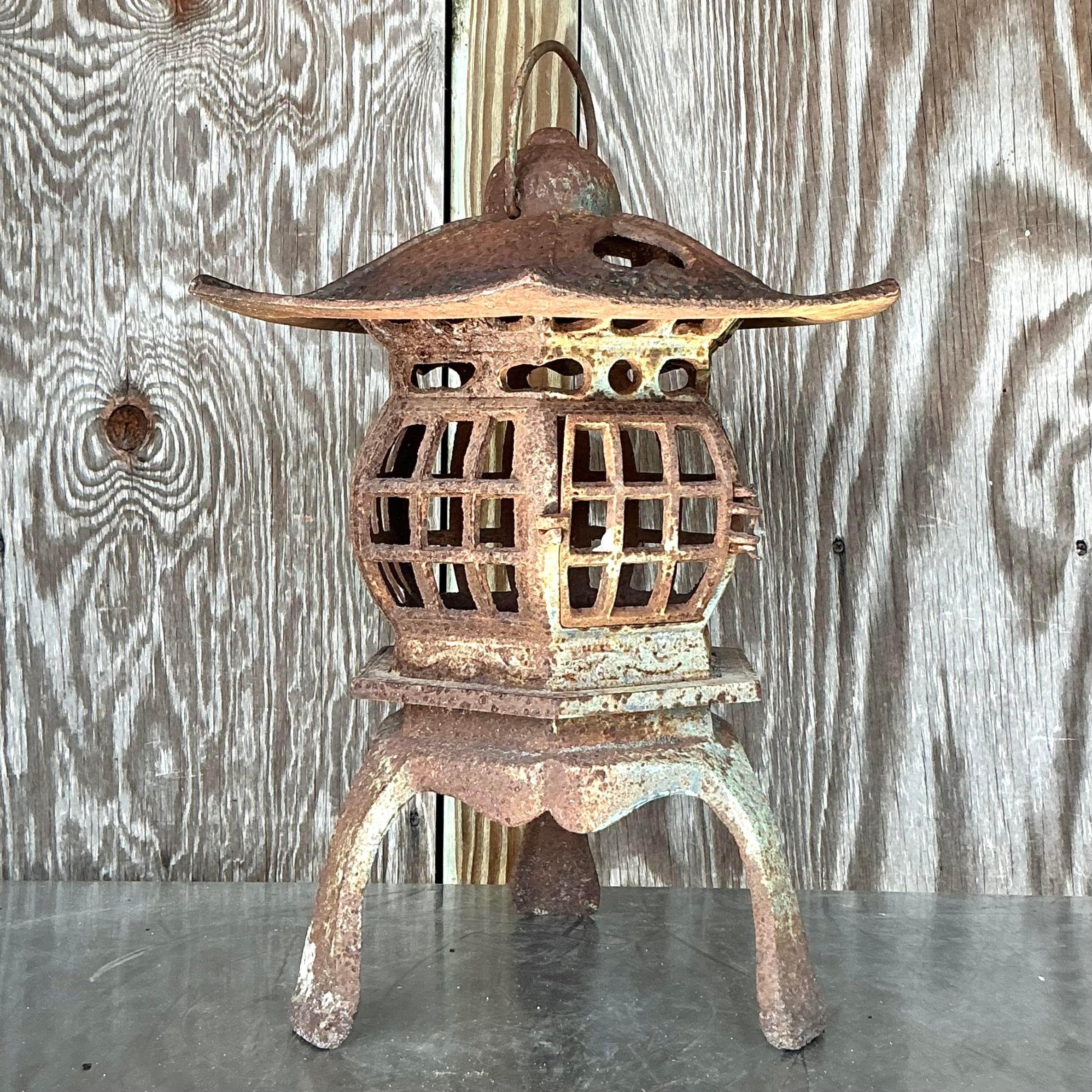 Vintage Boho Patinated Cast Iron Pagoda Lantern In Good Condition For Sale In West Palm Beach, FL