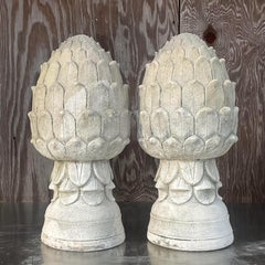 Vintage Boho Patinated Cement Artichoke Pediment, Pair
